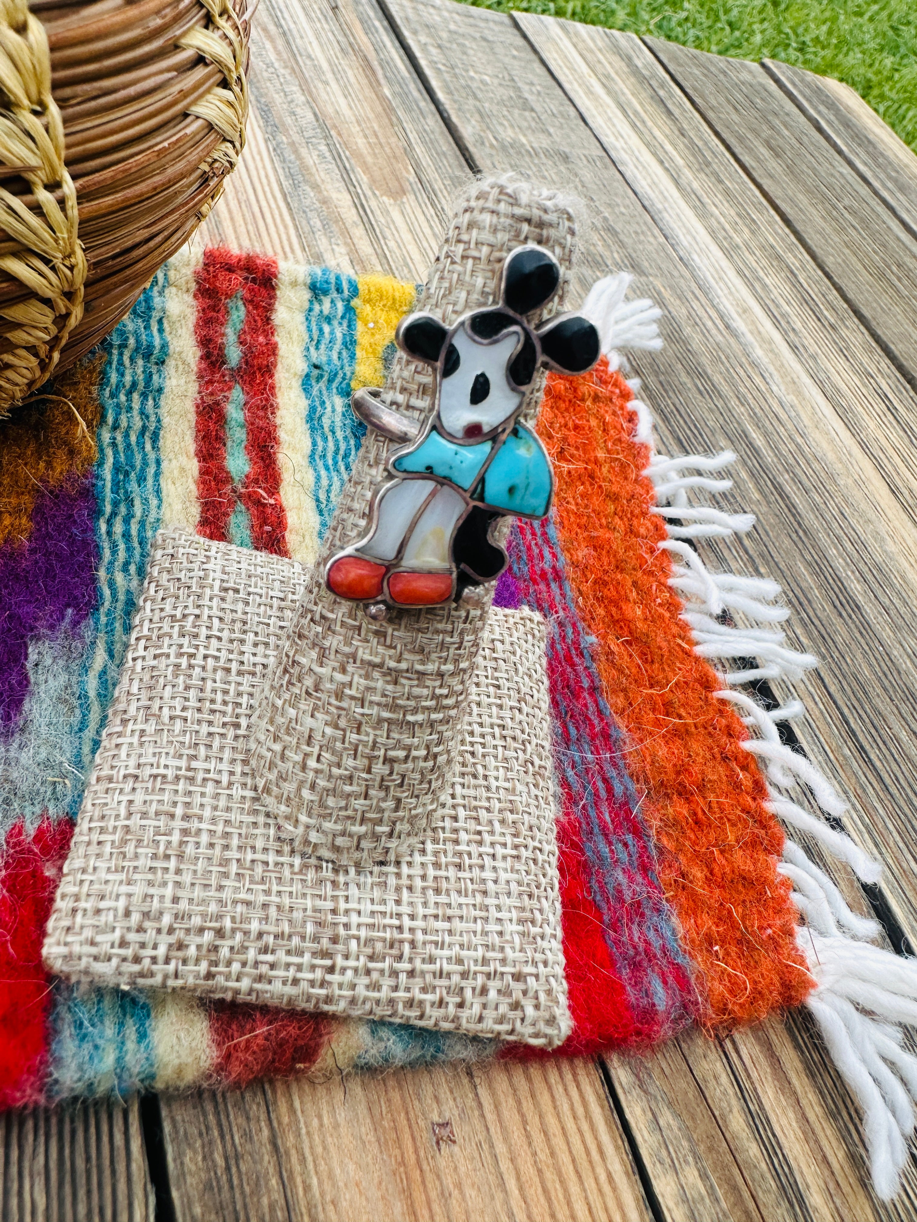 Old Pawn Handcrafted Multi Stone & Sterling Silver Character Ring Size 5.5