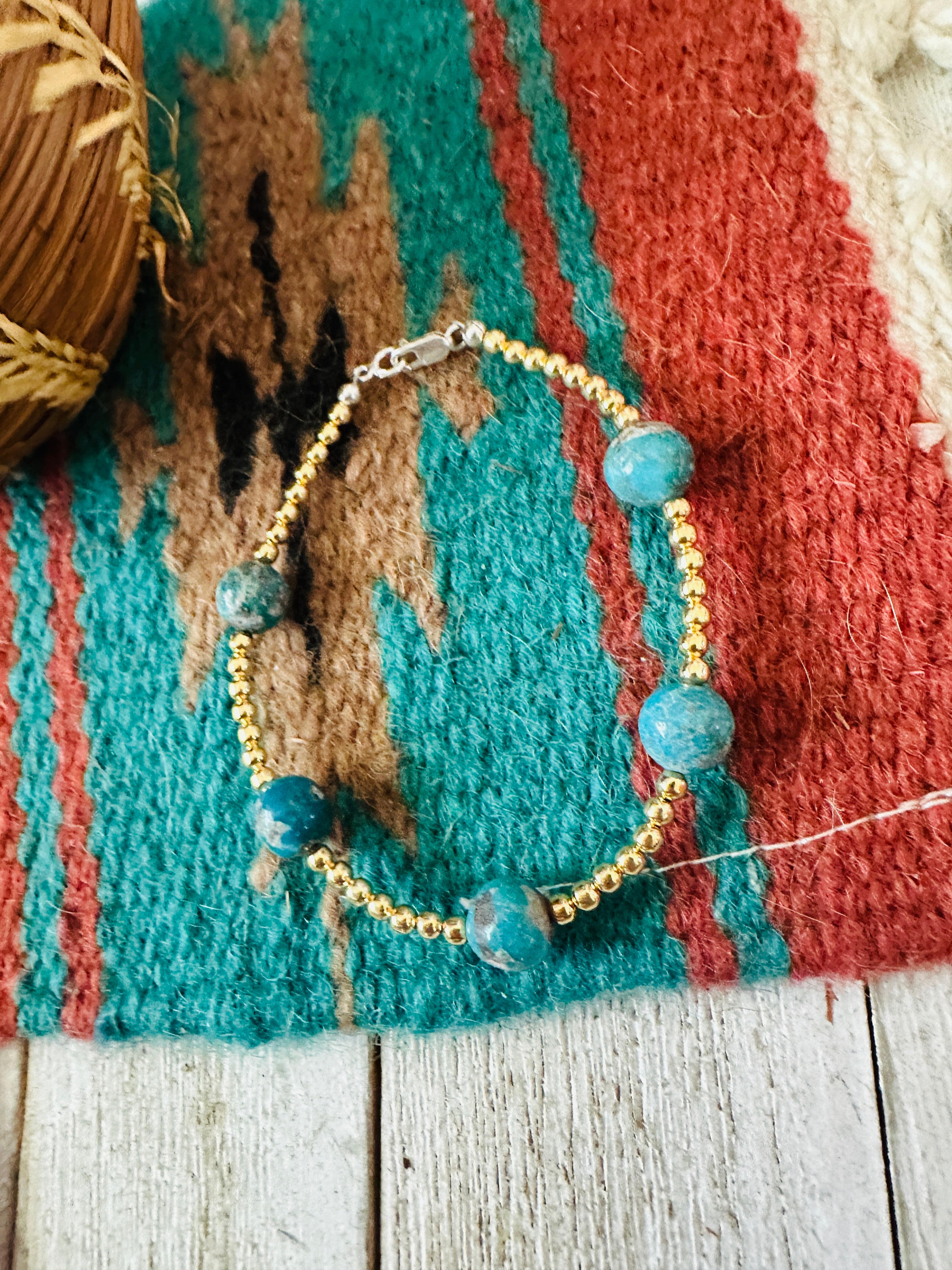 Handcrafted Gold Plated Sterling Silver Pearl & Turquoise Beaded Bracelet