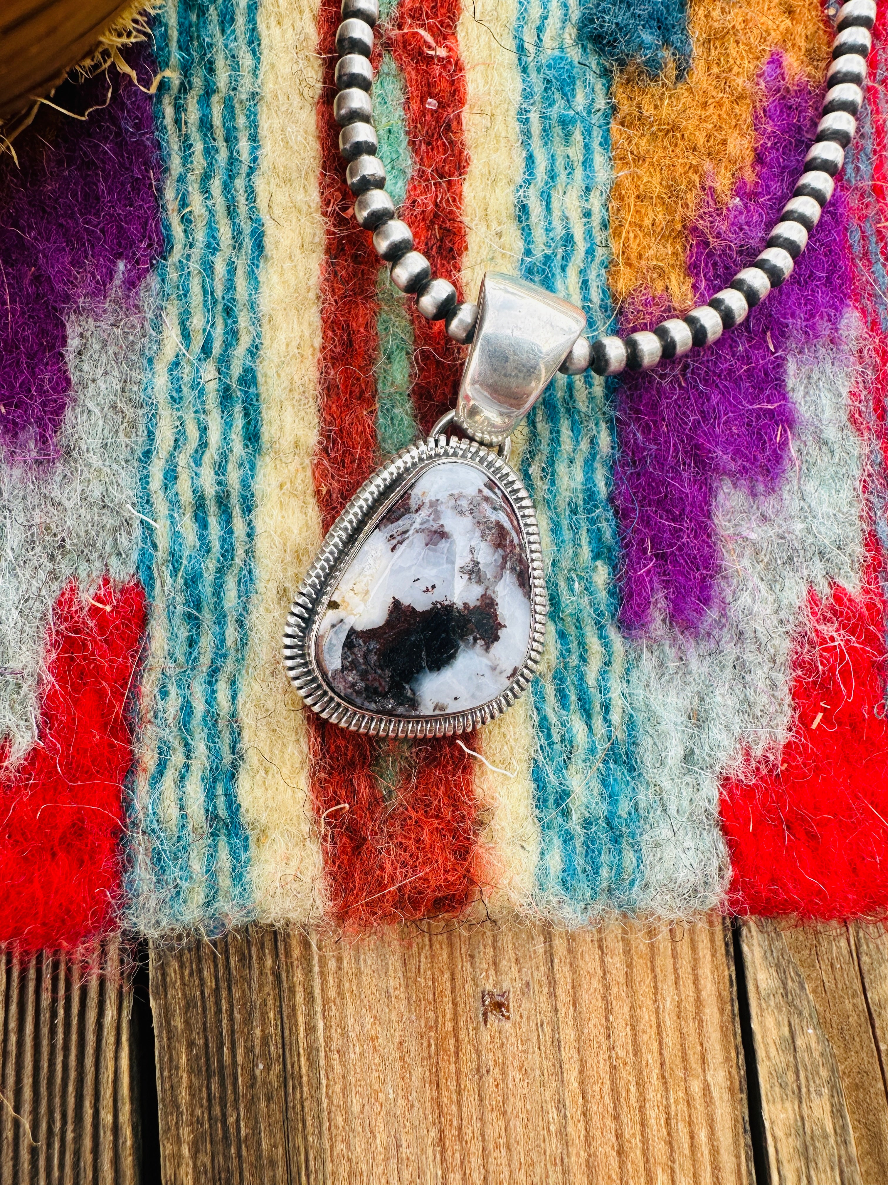 Handcrafted Sterling Silver & White Buffalo Pendant by Wydell Billie