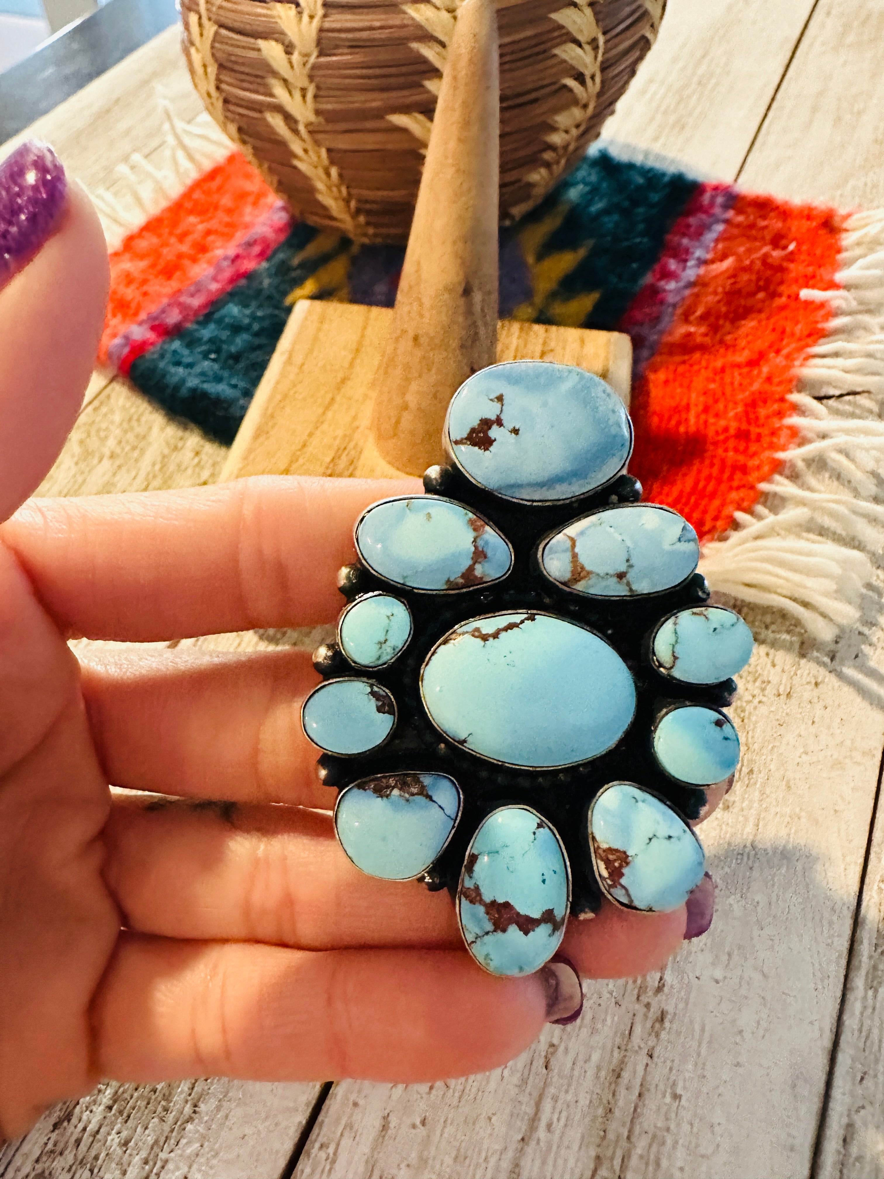 Navajo Golden Hills Turquoise & Sterling Silver Cluster Ring Size 8.25 by B. Yellowhorse