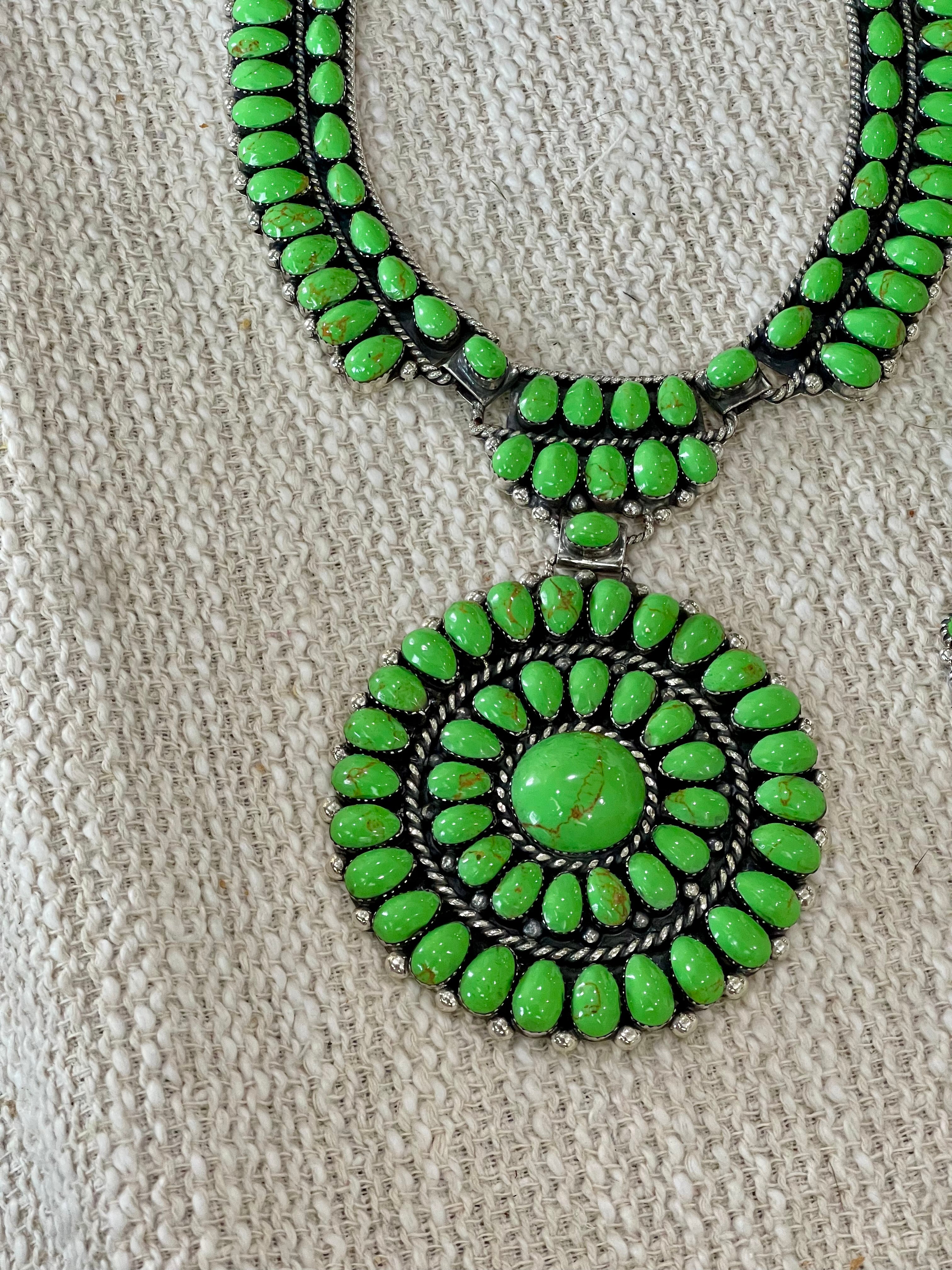 Beautiful Handmade Sterling Silver & Dyed Kingman Turquoise Cluster Necklace And Earring Set