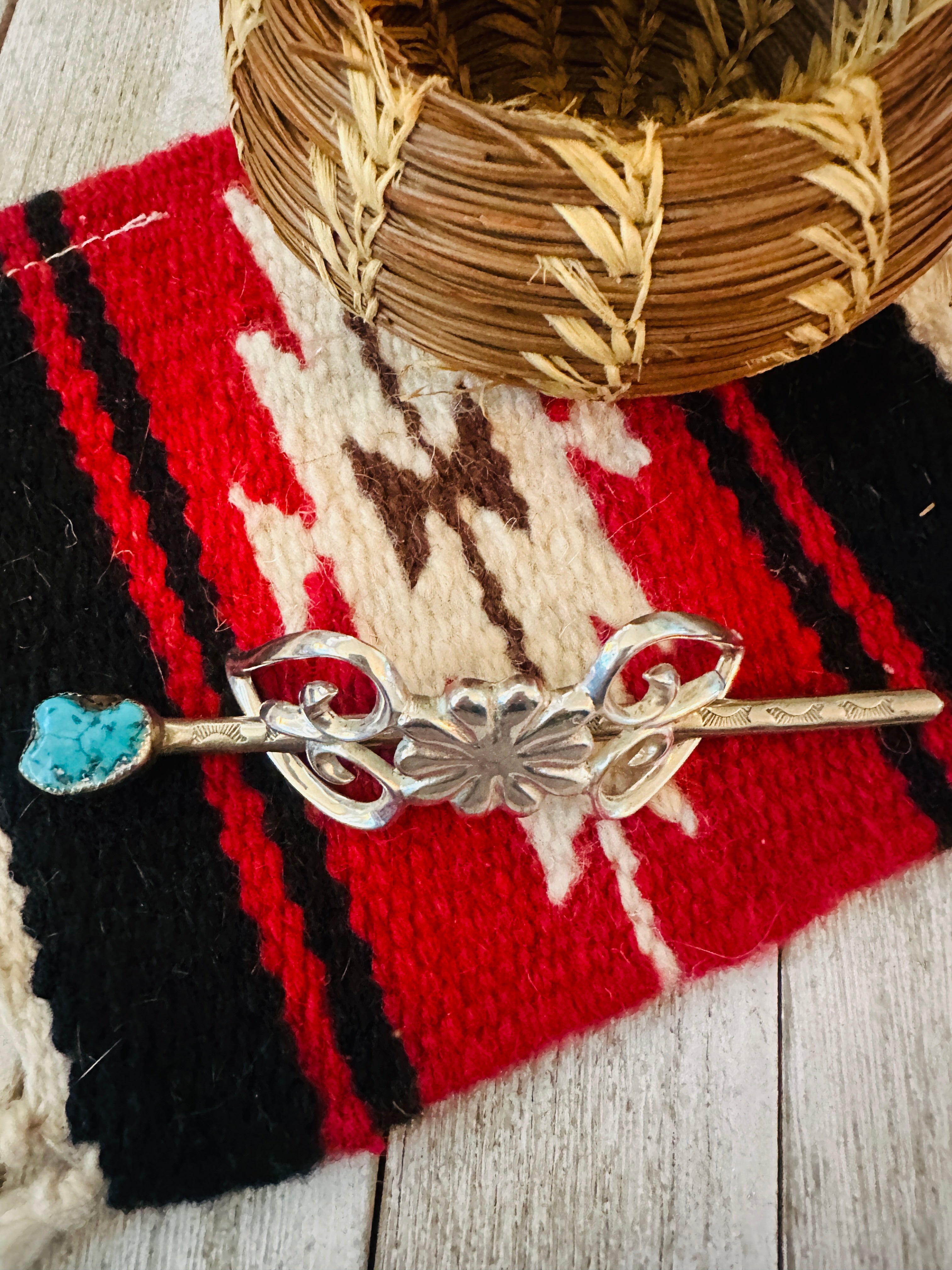 Old Pawn Turquoise & Sterling Silver Hair Pin