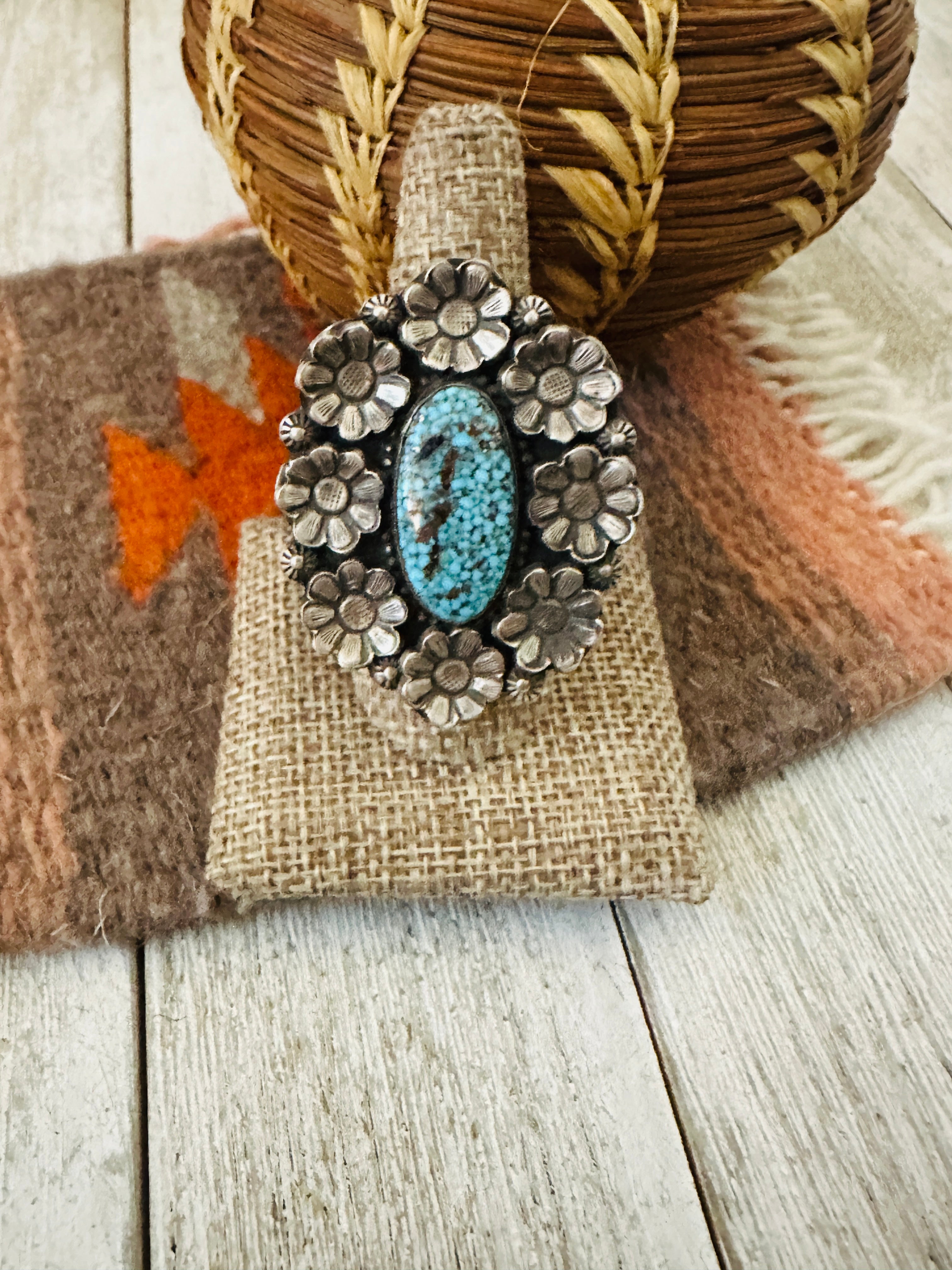 Handcrafted Birdseye Kingman Turquoise & Sterling Silver Flower Ring by Calvin Martinez, Size 9