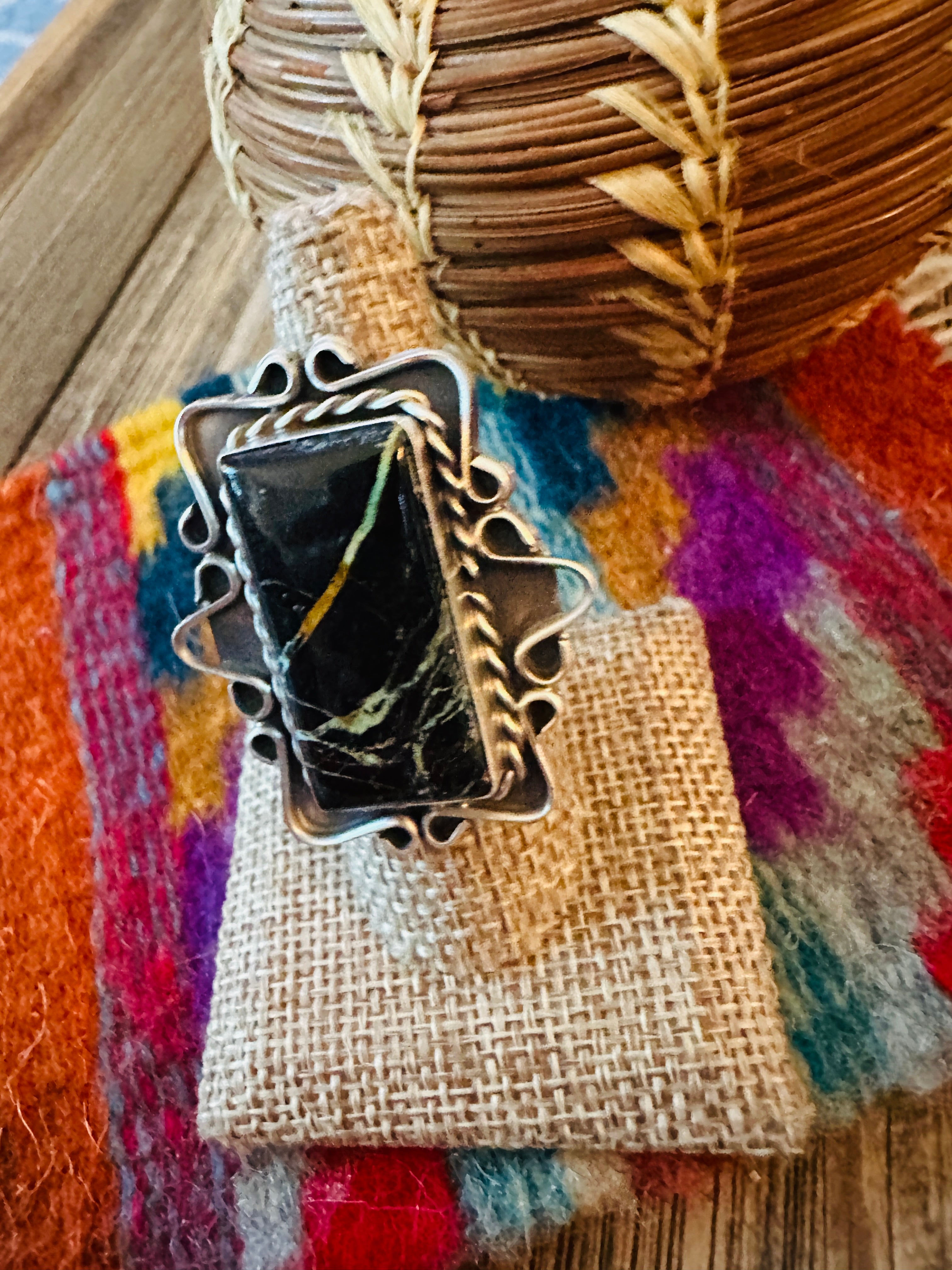 Handcrafted Blackjack Turquoise & Sterling Silver Ring Size 7.25