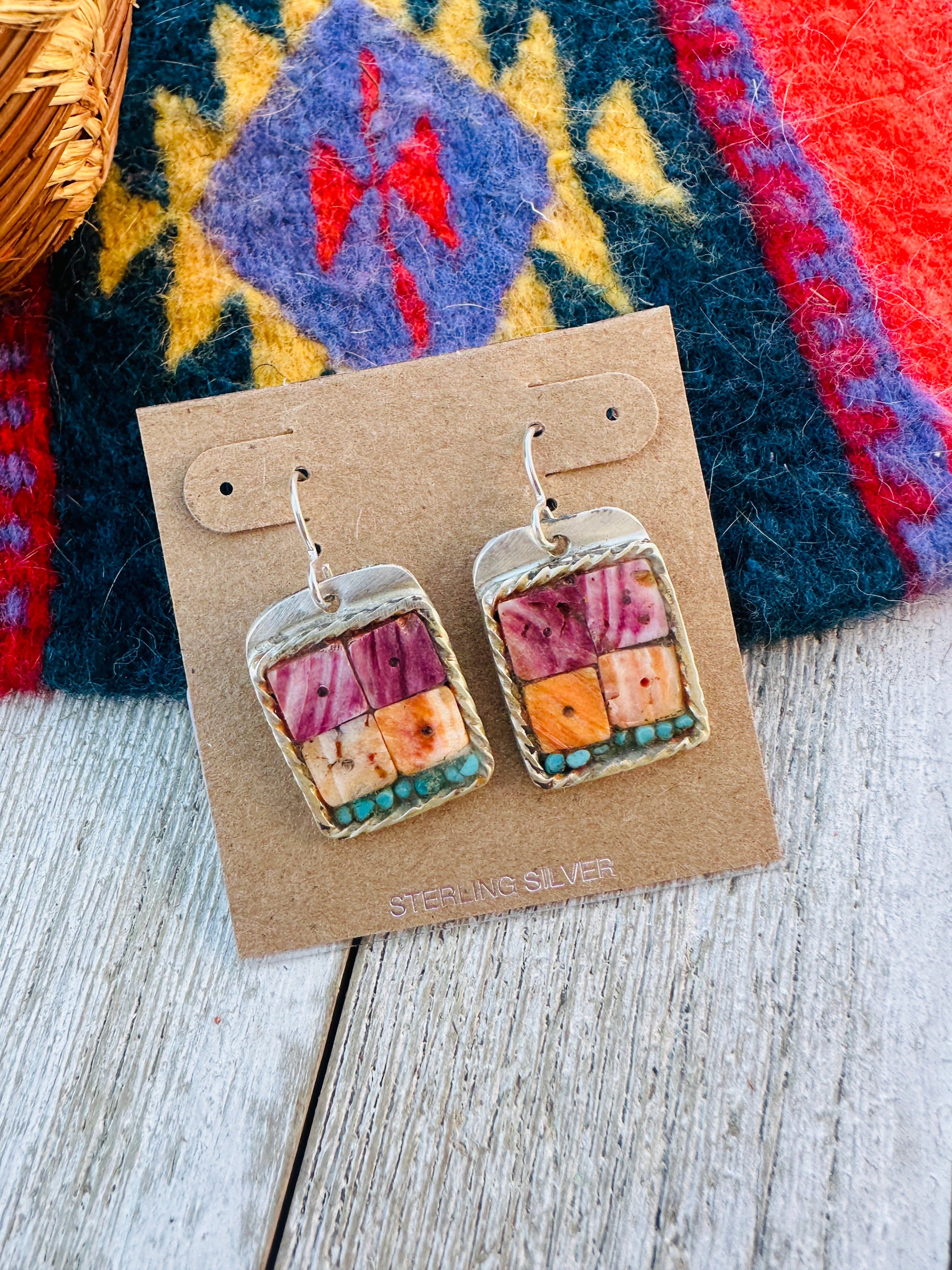 Handcrafted Spiny, Turquoise & Sterling Silver Inlay Dangle Earrings