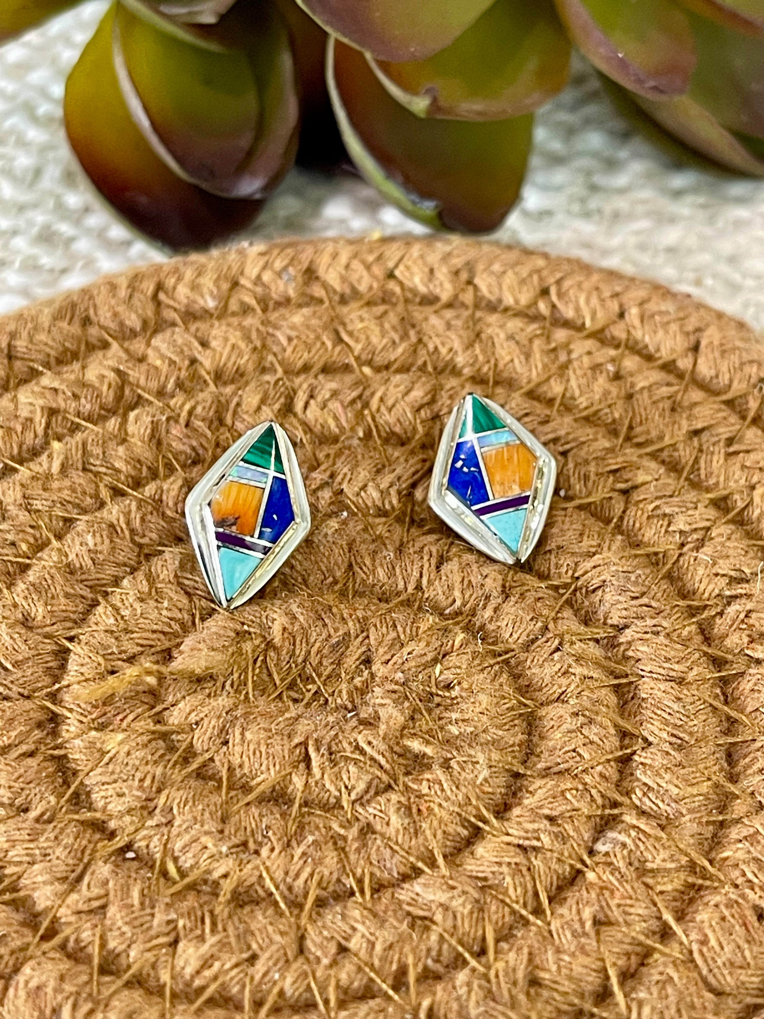 Stunning Handmade Sterling Silver & Multi Stone Inlay Post Earrings