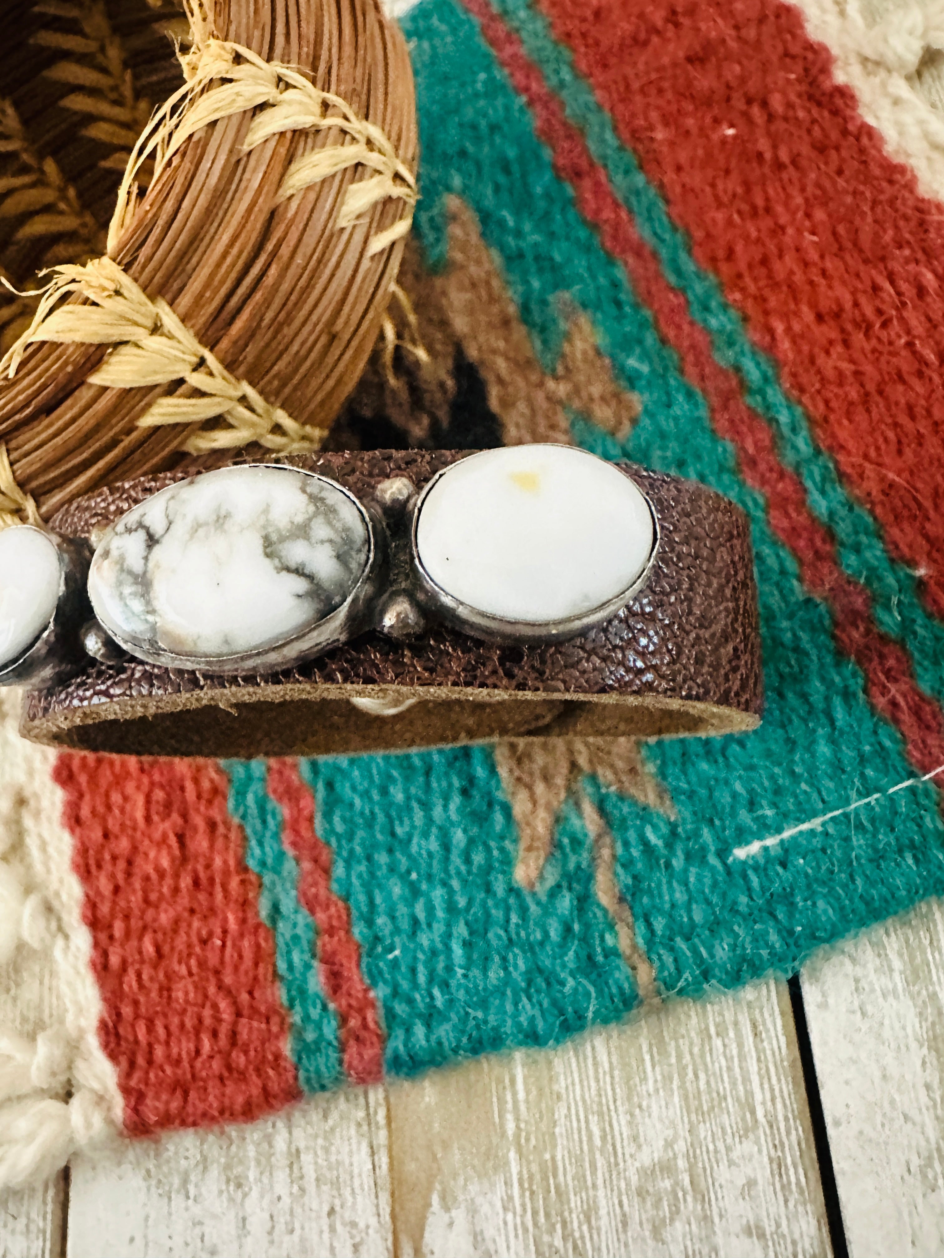 Handcrafted White Buffalo & Sterling Silver Leather Bracelet