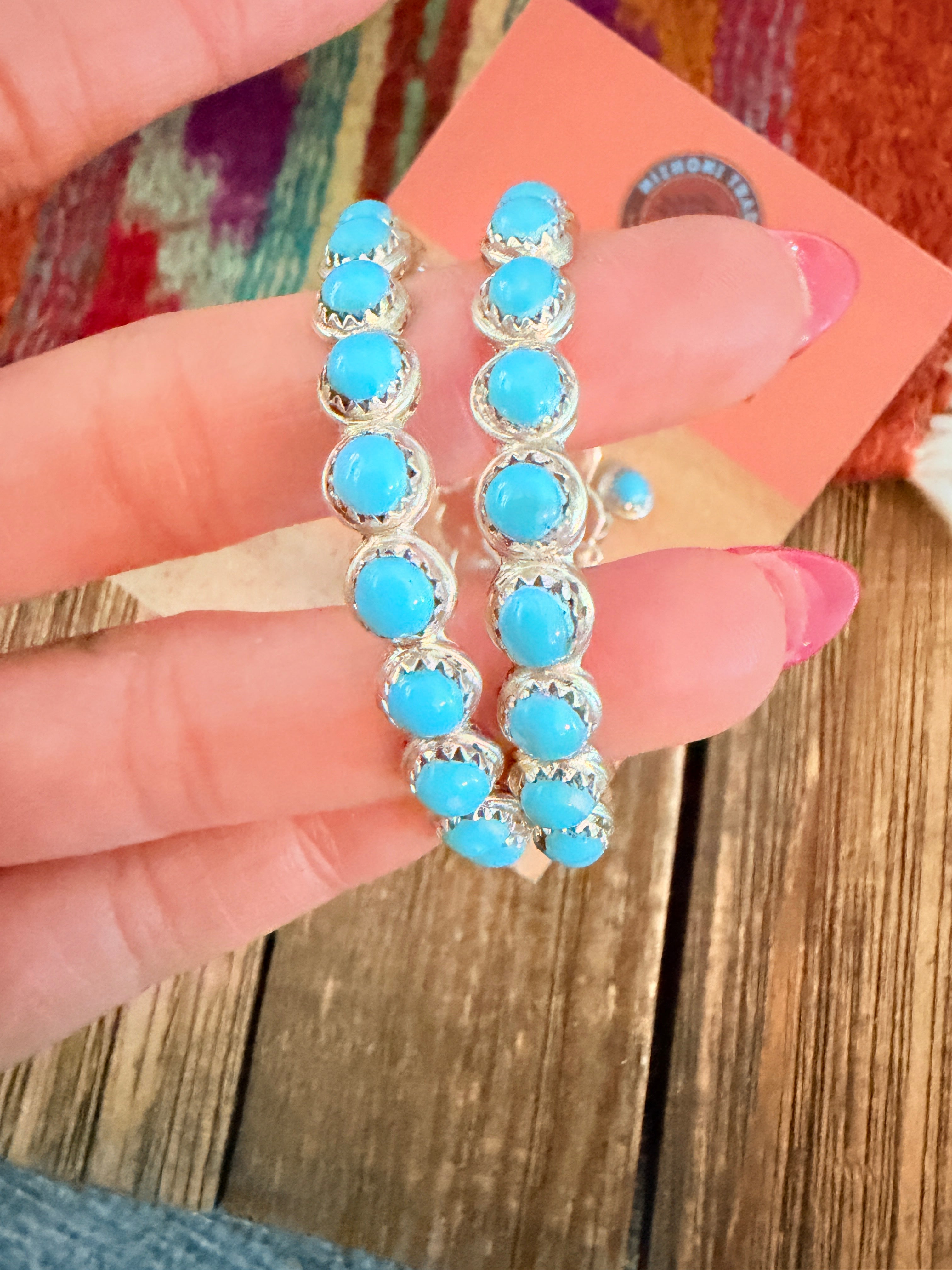 Handcrafted Turquoise & Sterling Silver Dangle Hoop Earrings