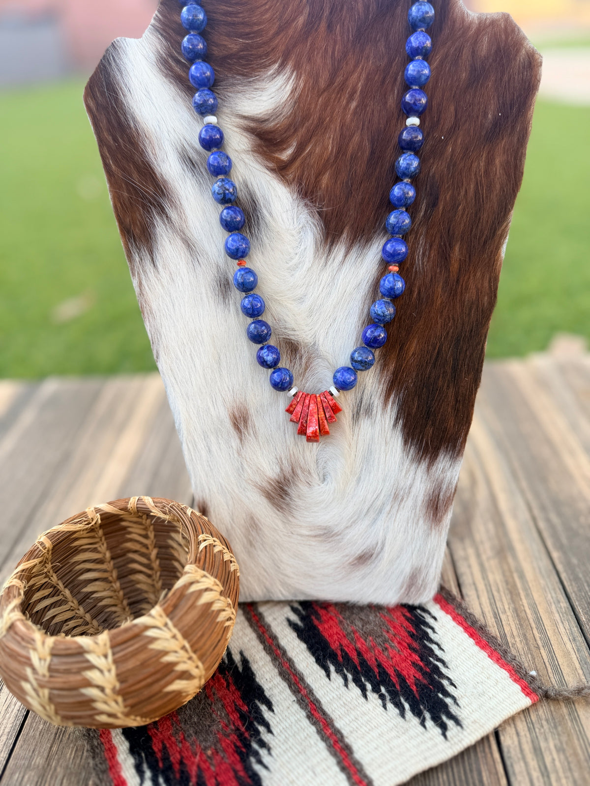 Handcrafted Lapis, Spiny Oyster Shell & Sterling Silver 18” Beaded Necklace