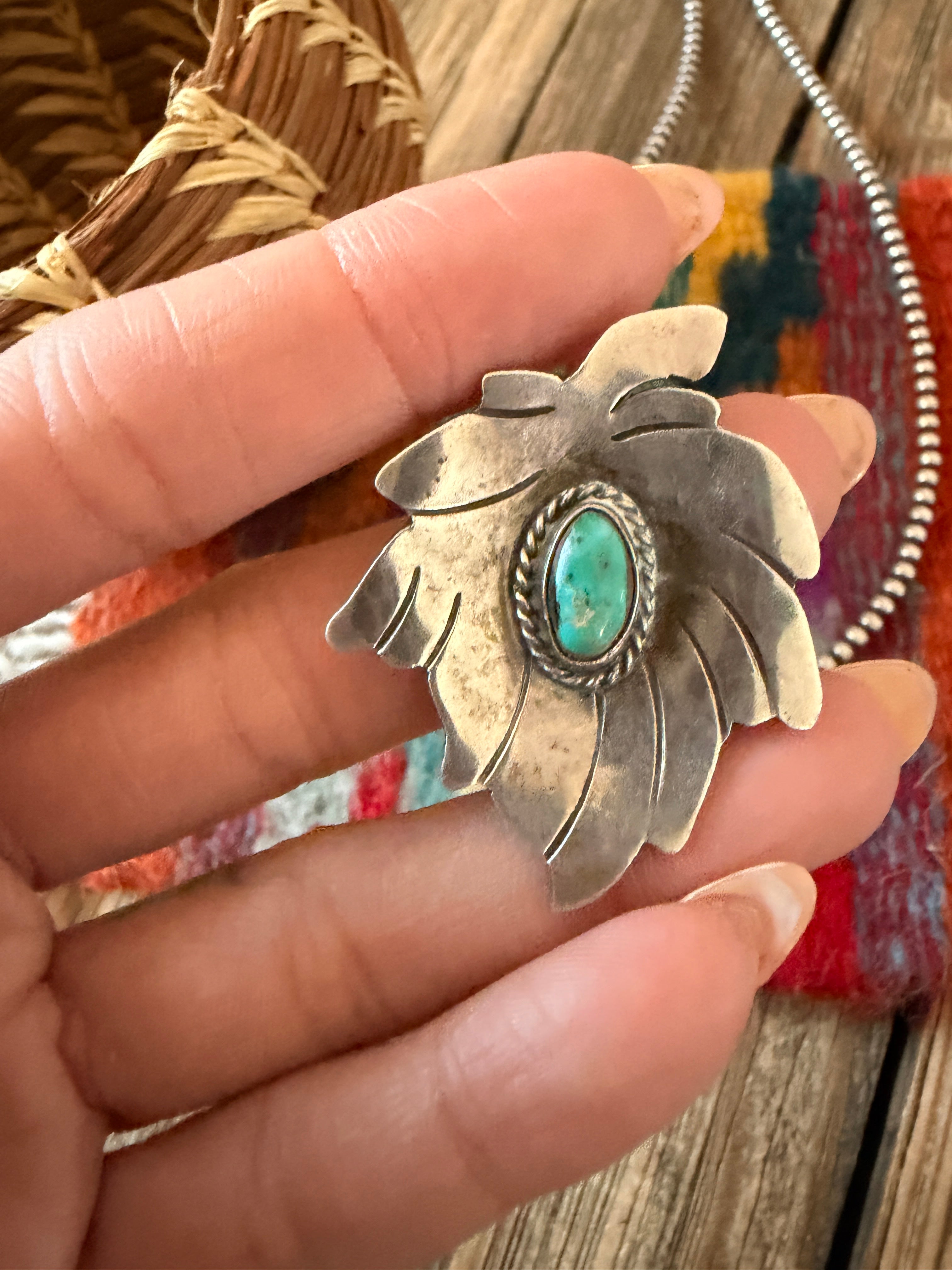 Old Pawn Handcrafted Turquoise and Sterling Silver Leaf Pendant