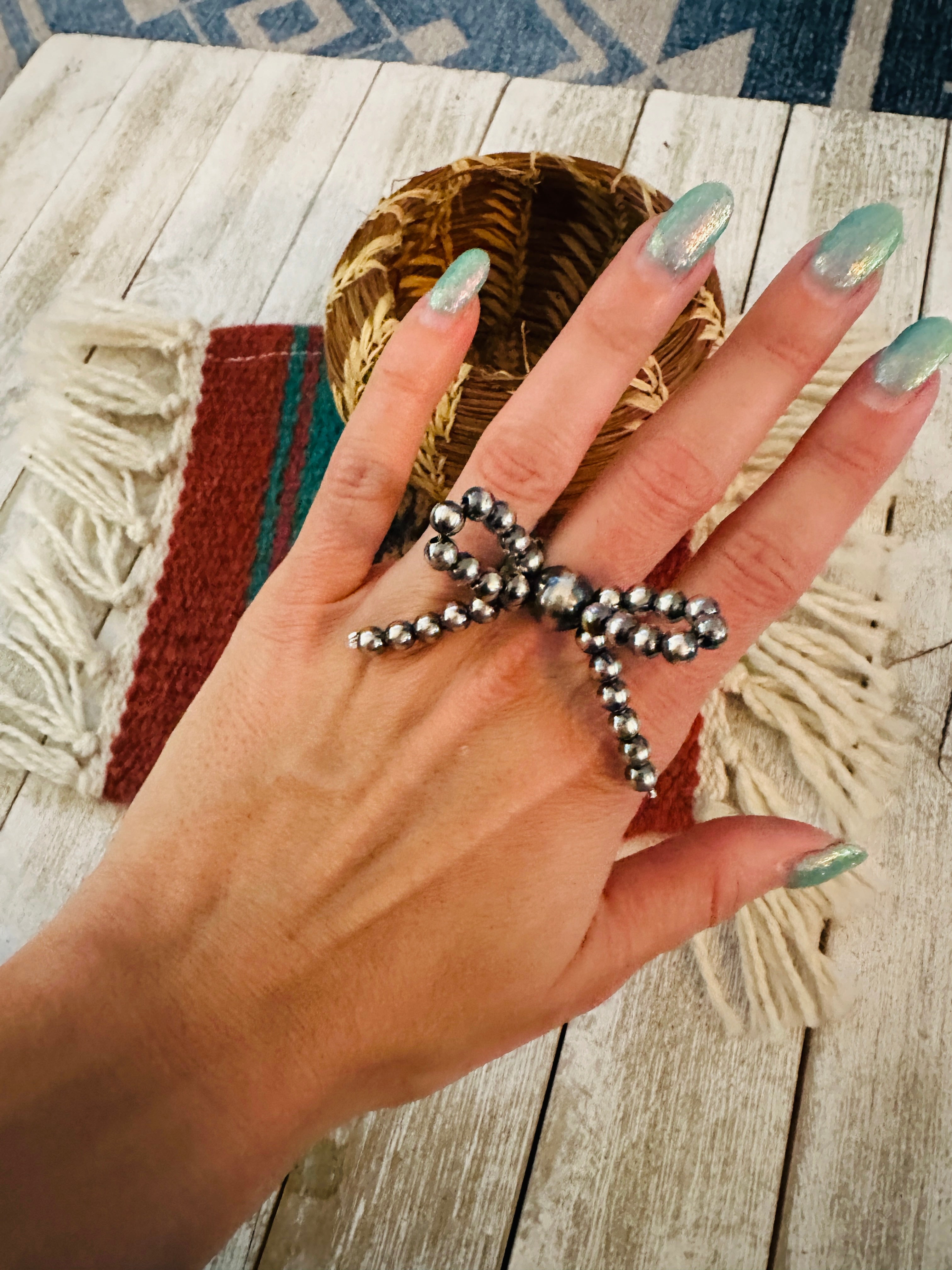 Handcrafted Sterling Silver Pearl Beaded Bow Adjustable Ring