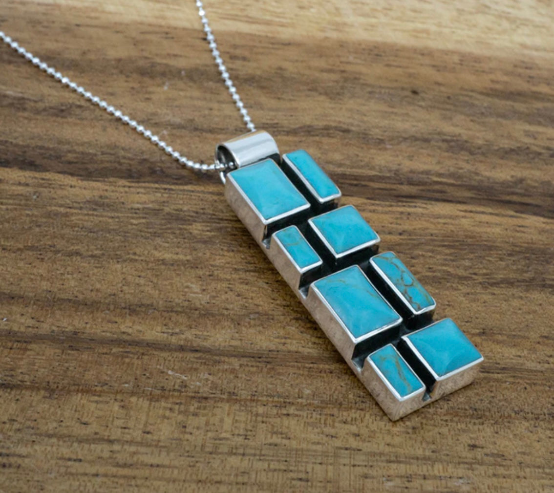 Slim Turquoise Mosaic Sterling Silver Pendant Necklace