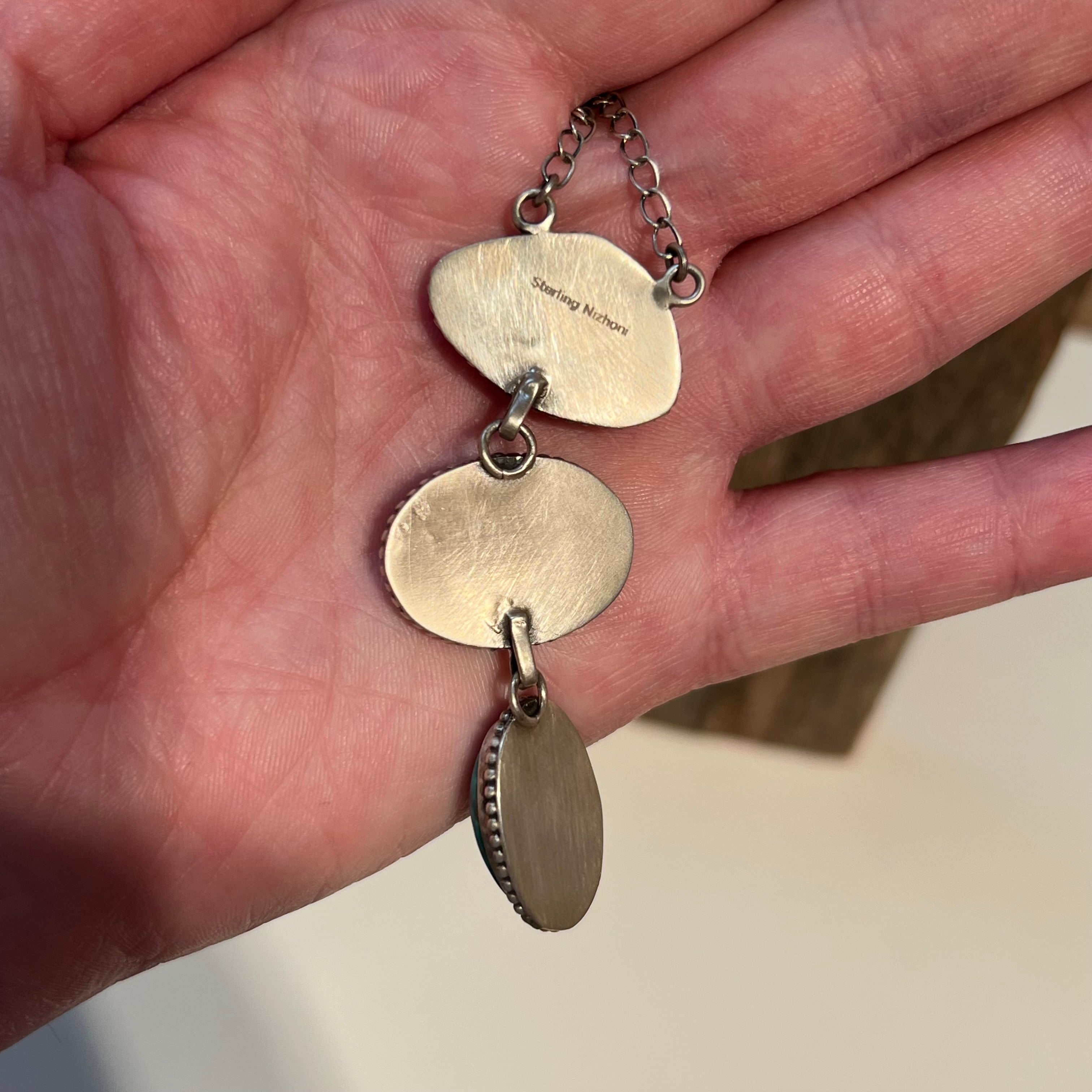 Handmade 3 Stone Turquoise & Sterling Silver Drop Necklace (01)