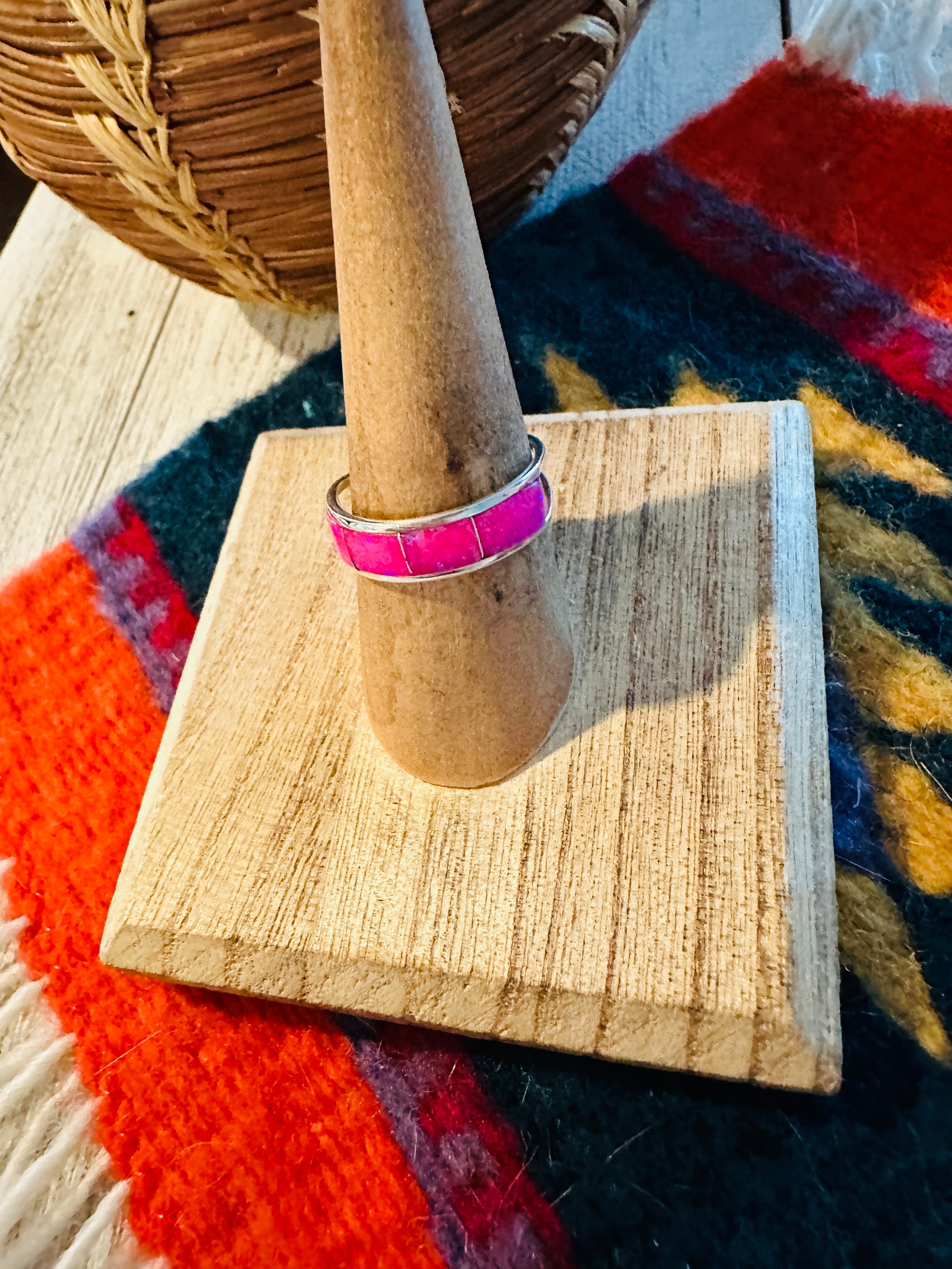 Handcrafted Sterling Silver & Pink Opal Inlay 4 Stone Band Ring