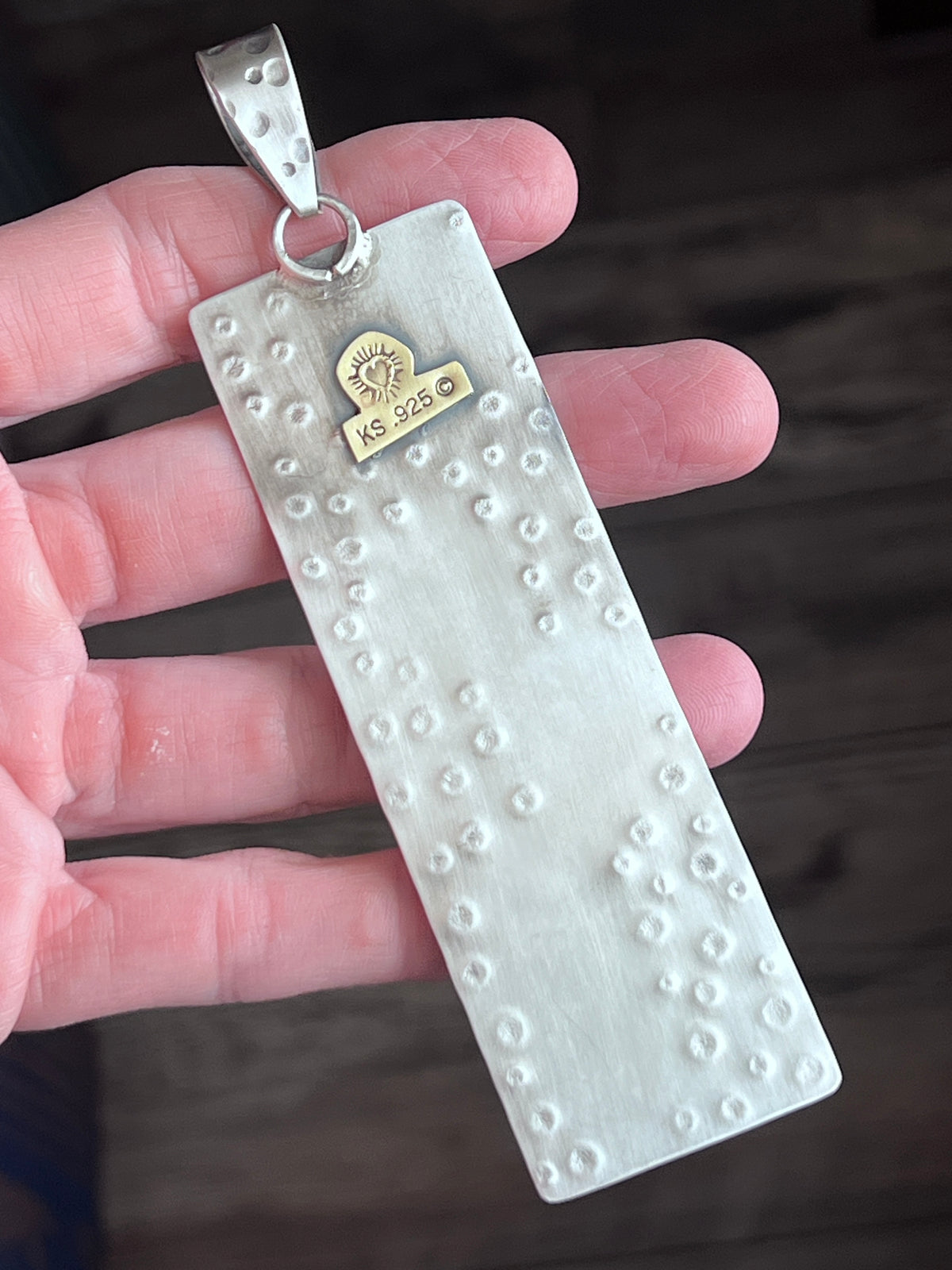 Kimari Somers Hand Stamped Sterling Silver, Copper, Brass & Kingman Turquoise Prickly Pear Cactus Sun Pendant