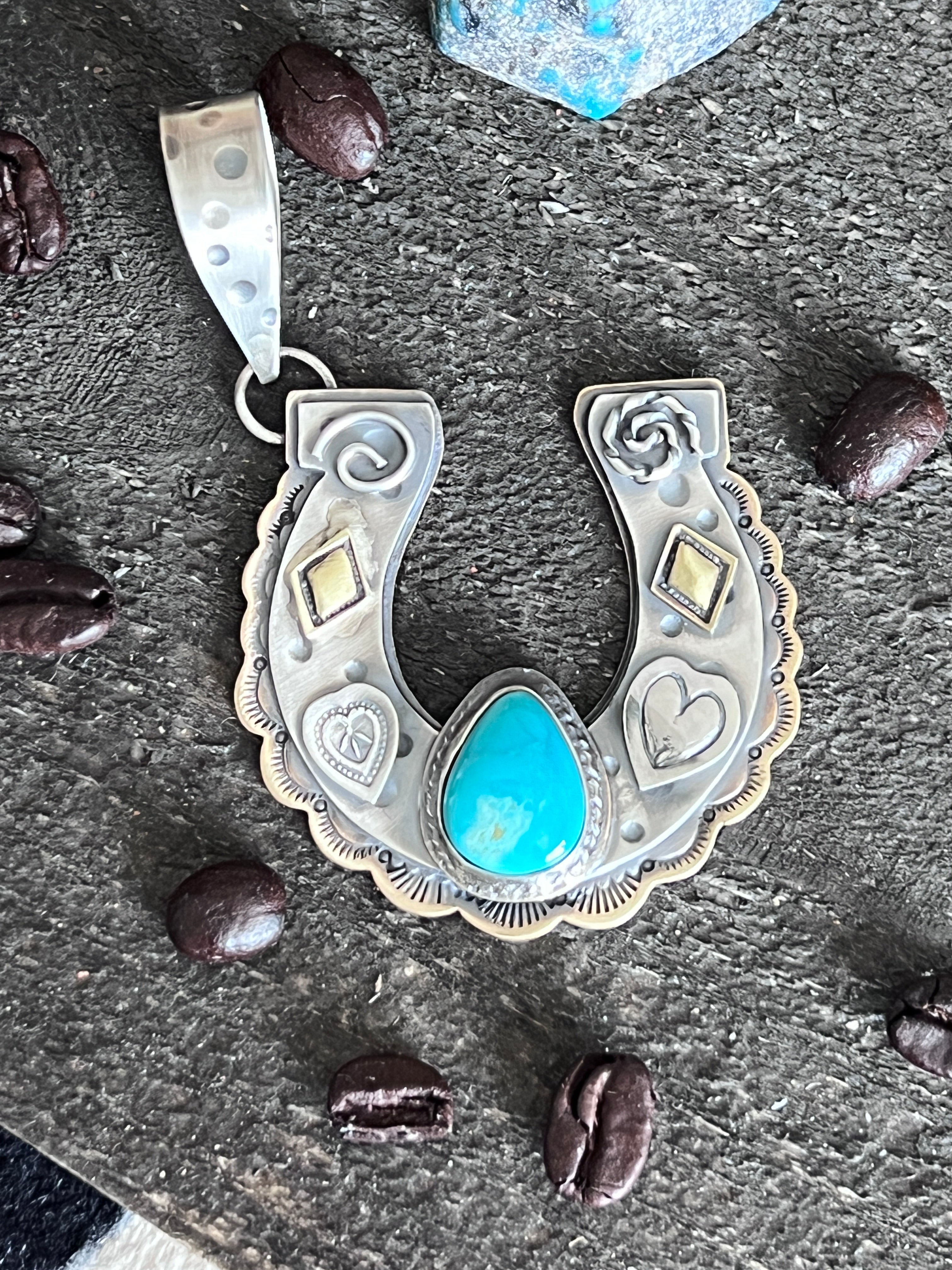 Kimari Somers Hand Stamped Sterling Silver Heart Motif Horseshoe Pendant with Brass & Royston Turquoise