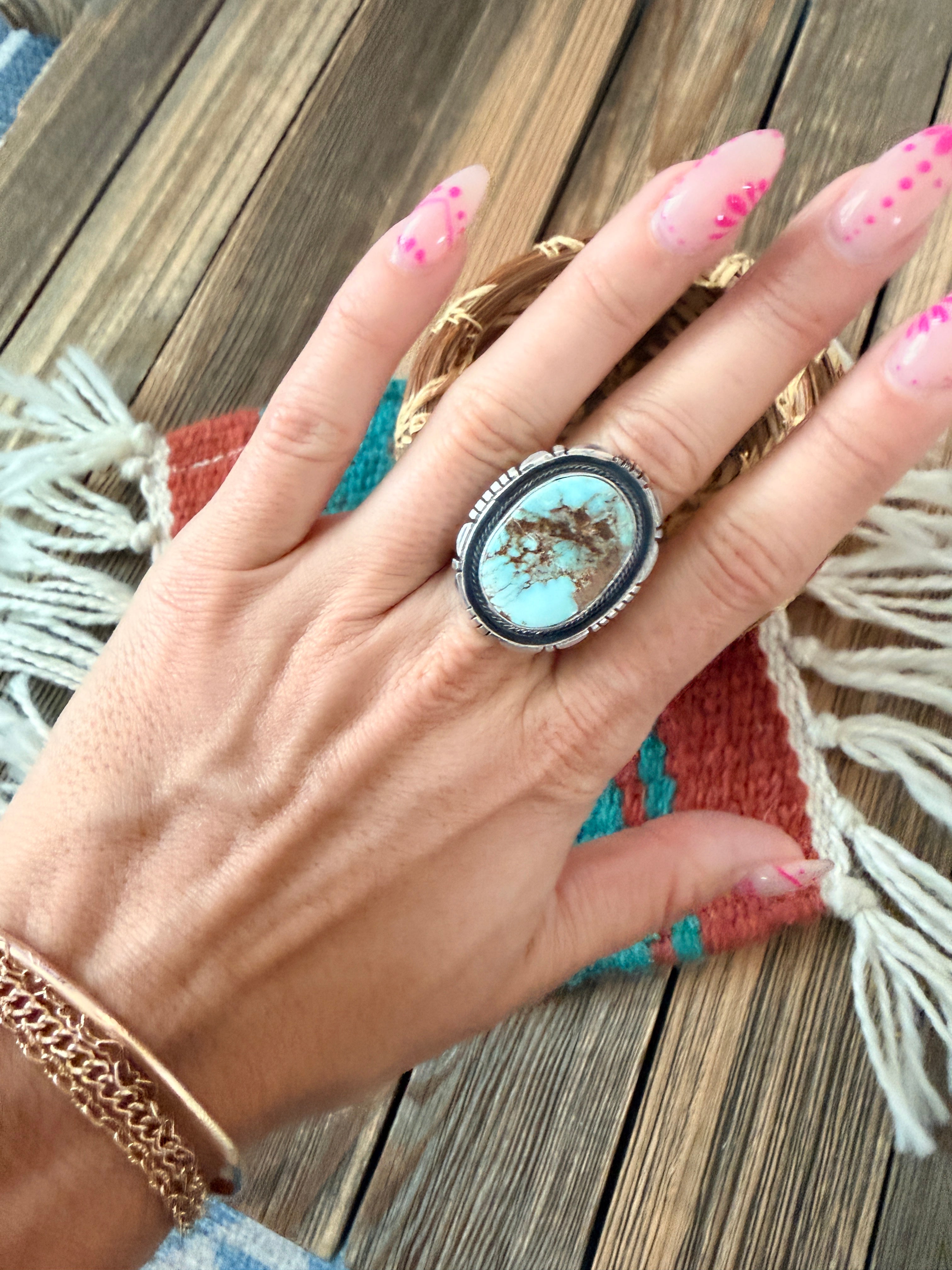 Handcrafted Dry Creek Turquoise & Sterling Silver Ring Size 5.5 by Daniel Benally