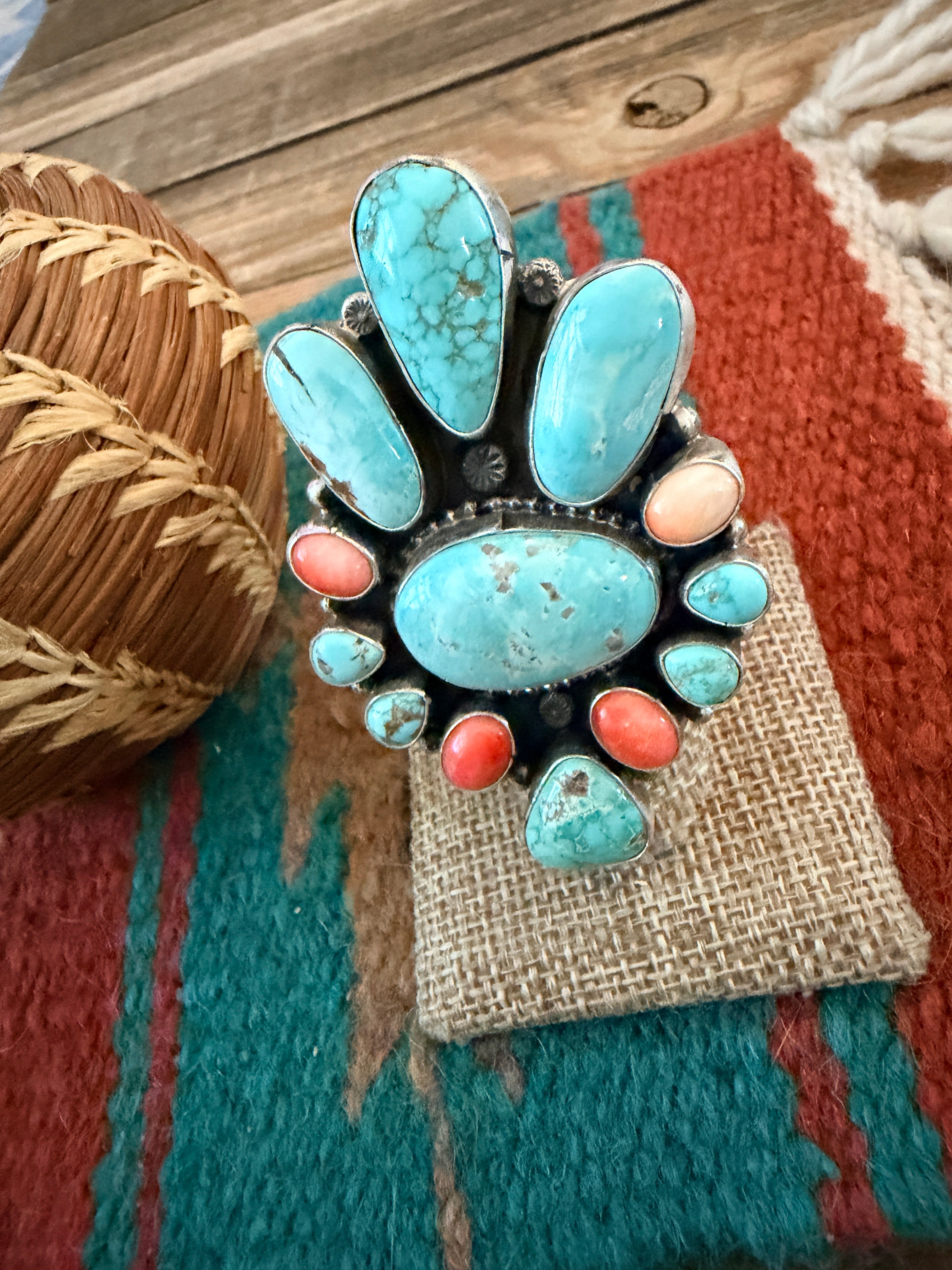 Handcrafted Spiny Oyster, Turquoise & Sterling Silver Cluster Ring by Sheila Becenti Size 7