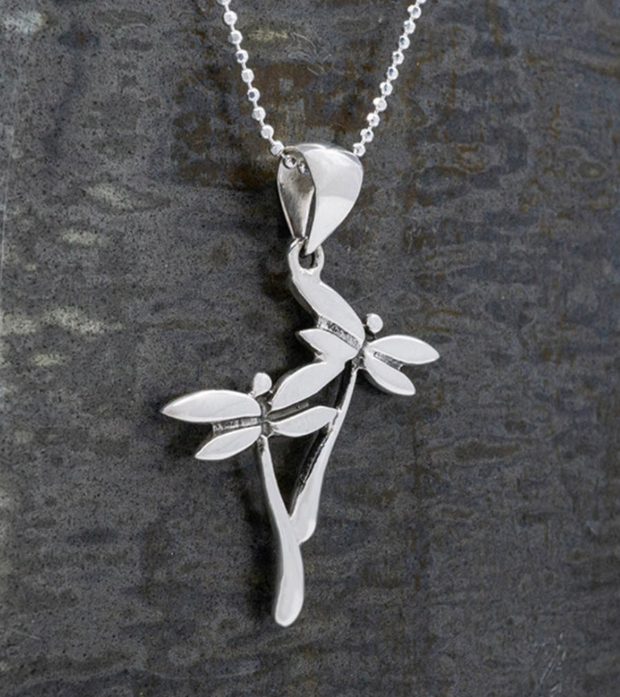 Double Dragonfly Sterling Silver Pendant Necklace