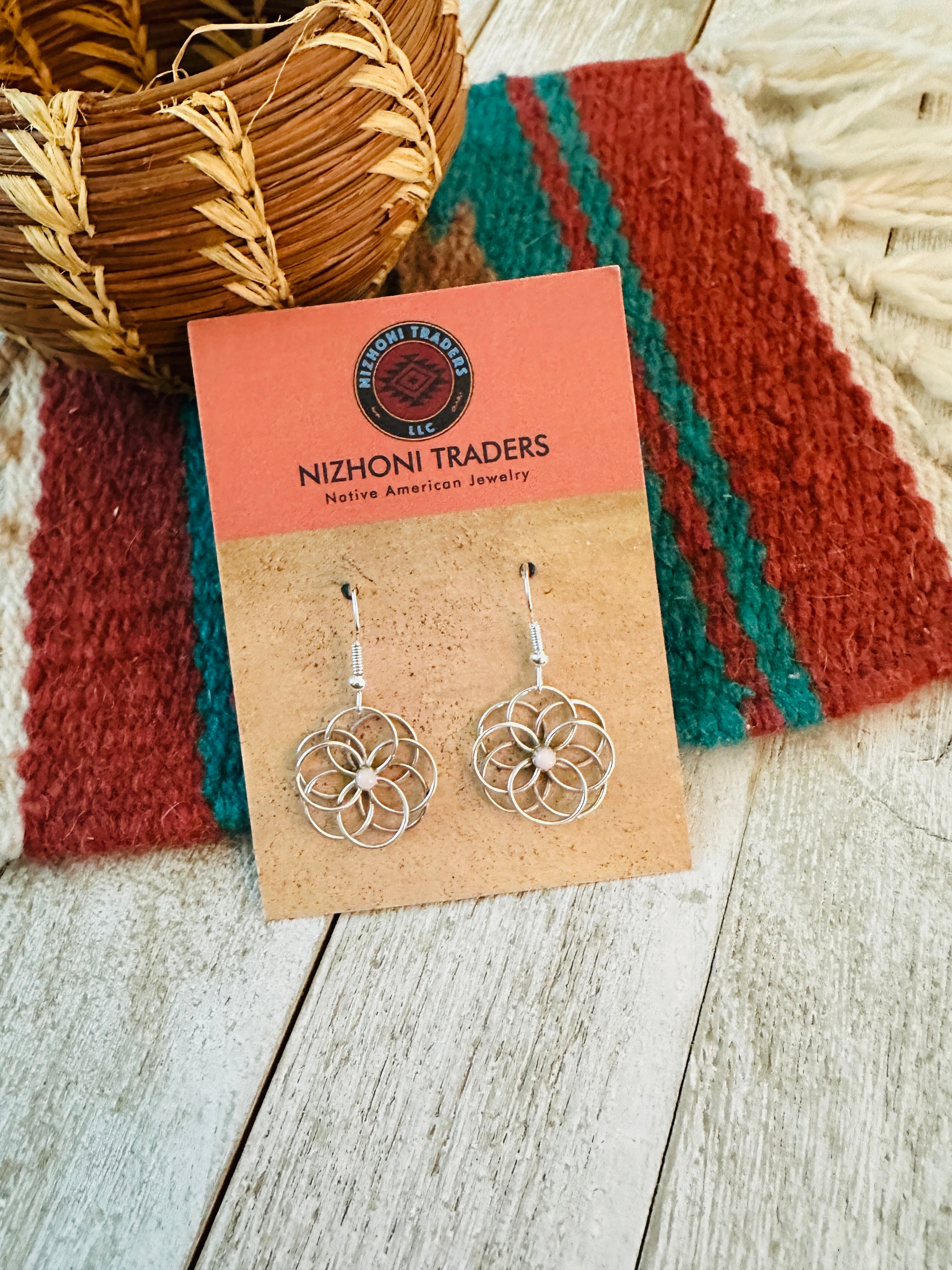 Handcrafted Queen Pink Conch & Sterling Silver Flower Dangle Earrings