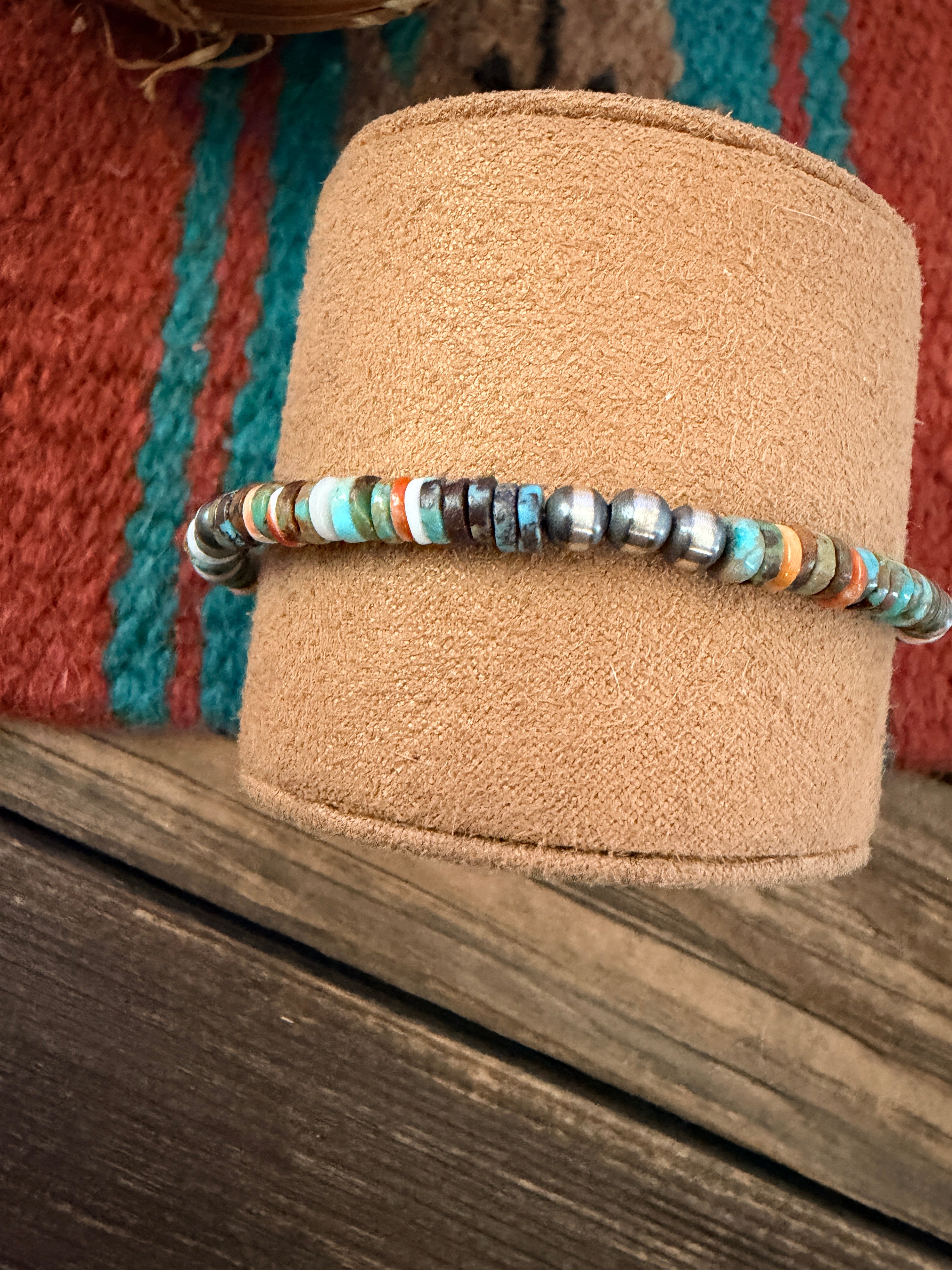 Handcrafted Turquoise, Spiny Oyster & Sterling Silver Pearl Beaded Bracelet