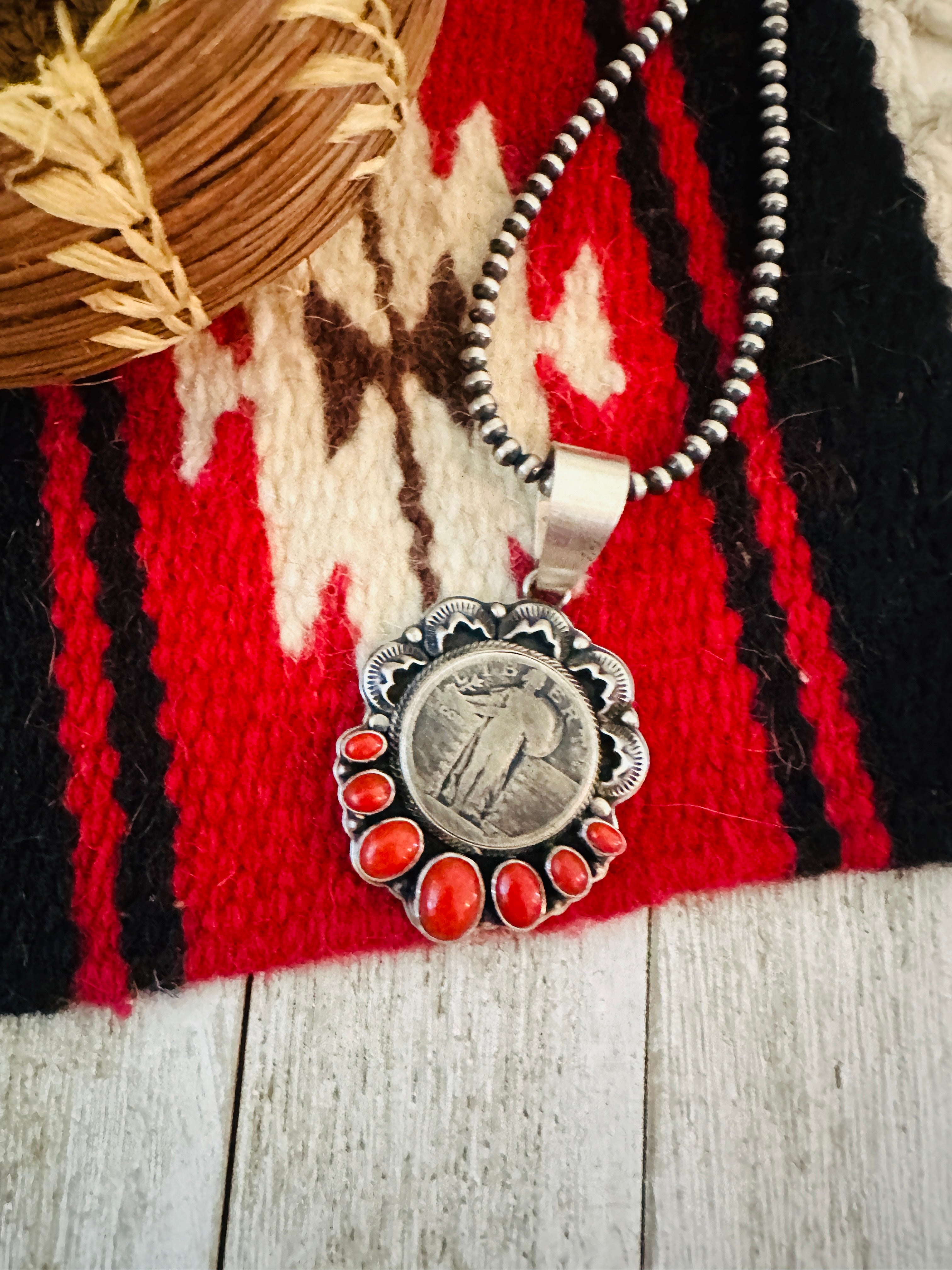 Handcrafted Sterling Silver and Coral Liberty Coin Pendant by Randy Boyd