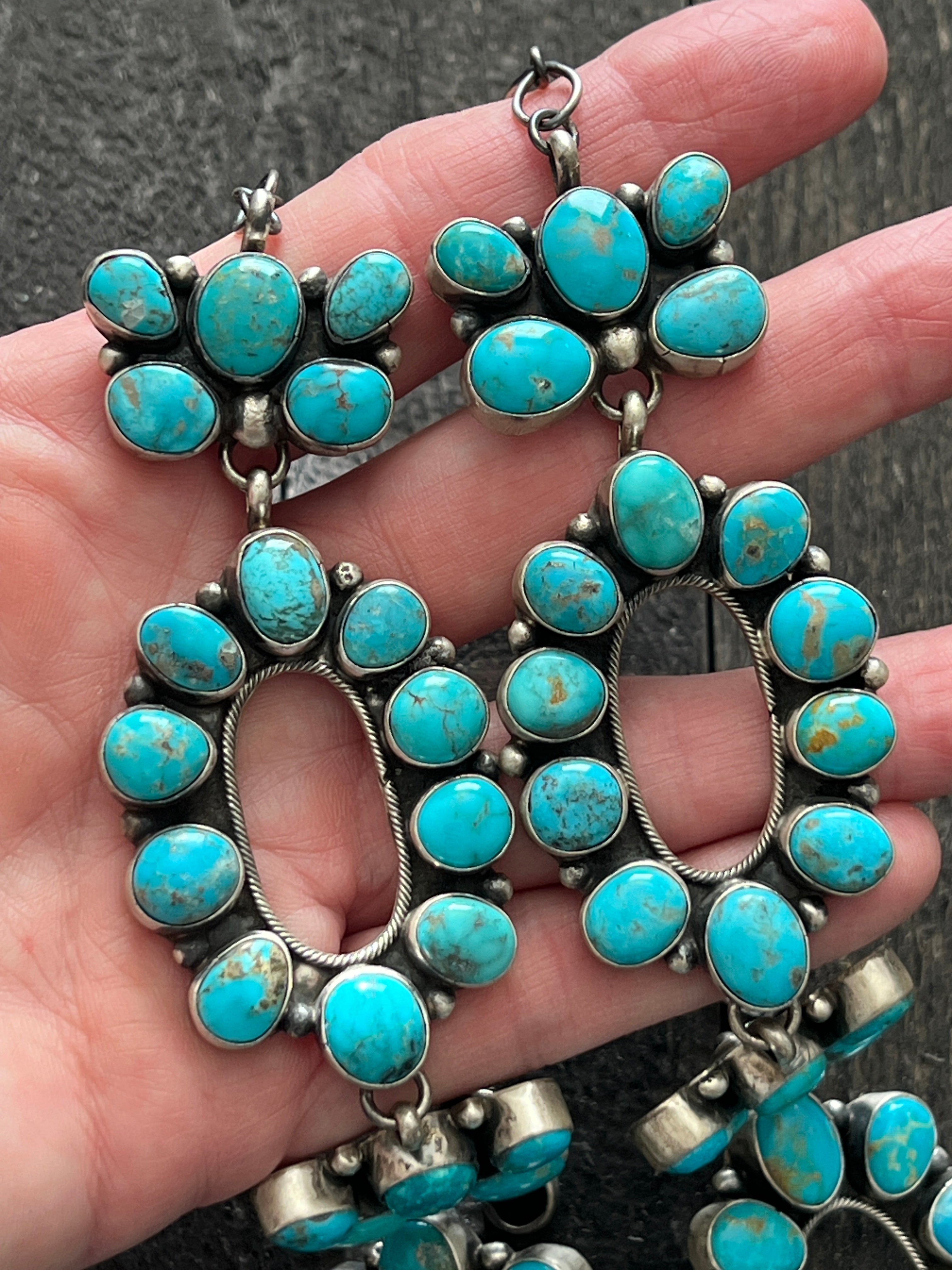 Handcrafted Sterling Silver and Whitewater Campitos Turquoise Cluster Necklace and Earring Set by Sheila Becenti