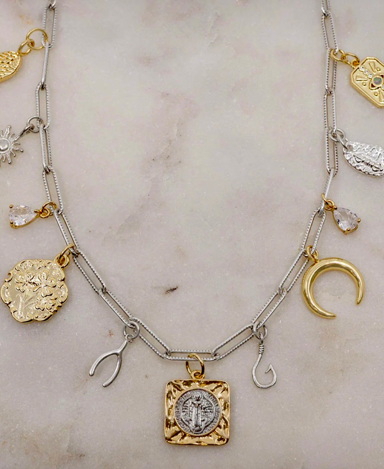 Signs and Symbols Mixed Metals Sterling Silver Charm Necklace