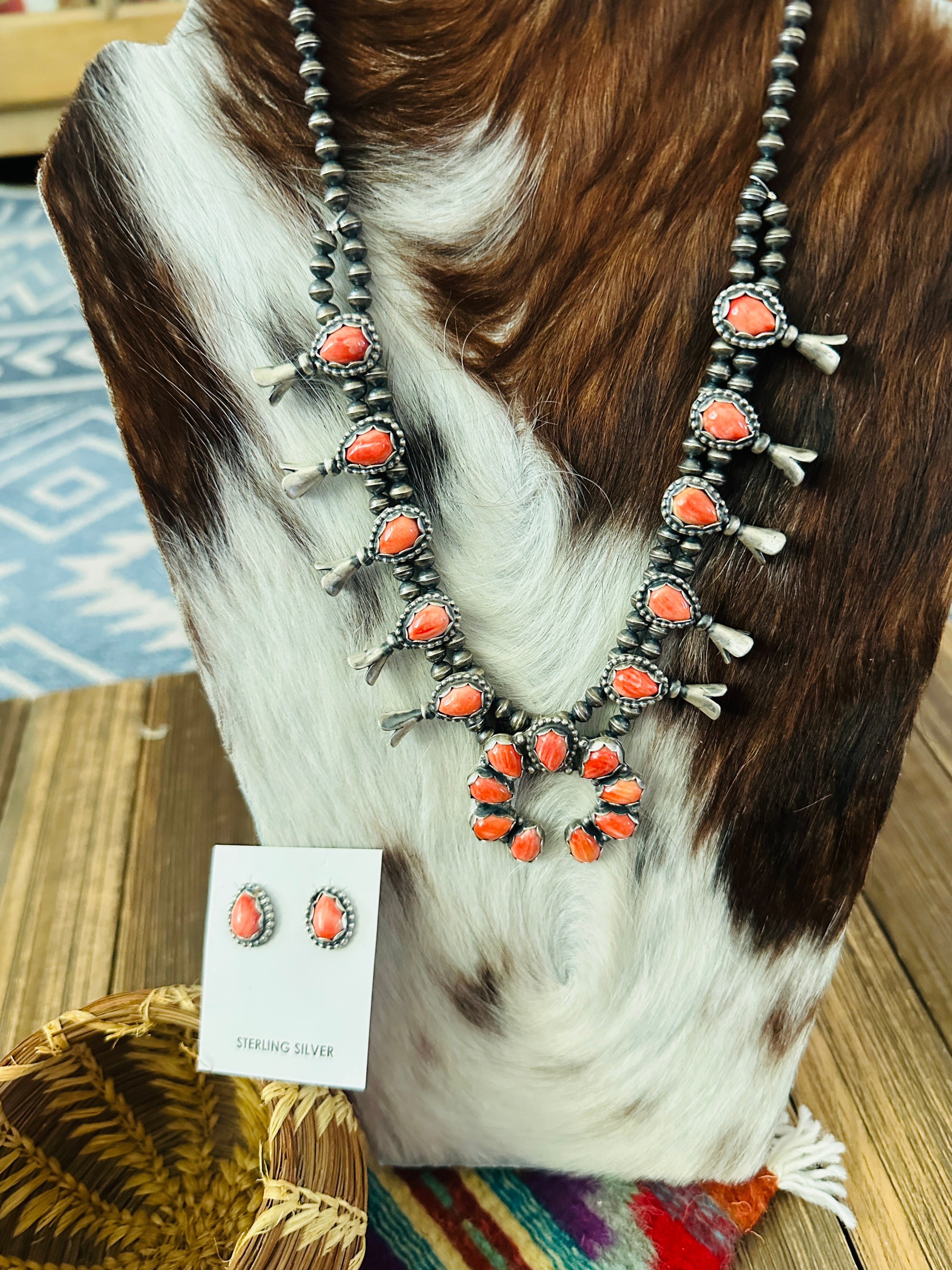 Handcrafted Sterling Silver & Spiny Oyster Squash Blossom Necklace Set