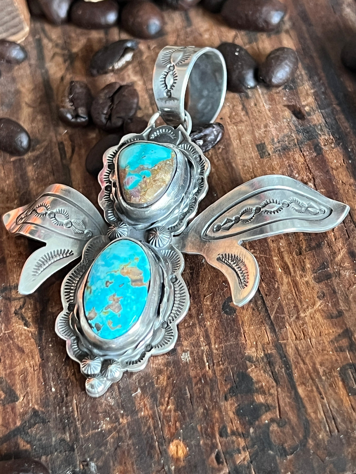Handcrafted Kimari Somers Sterling Silver and Turquoise Winged Bug Pendant