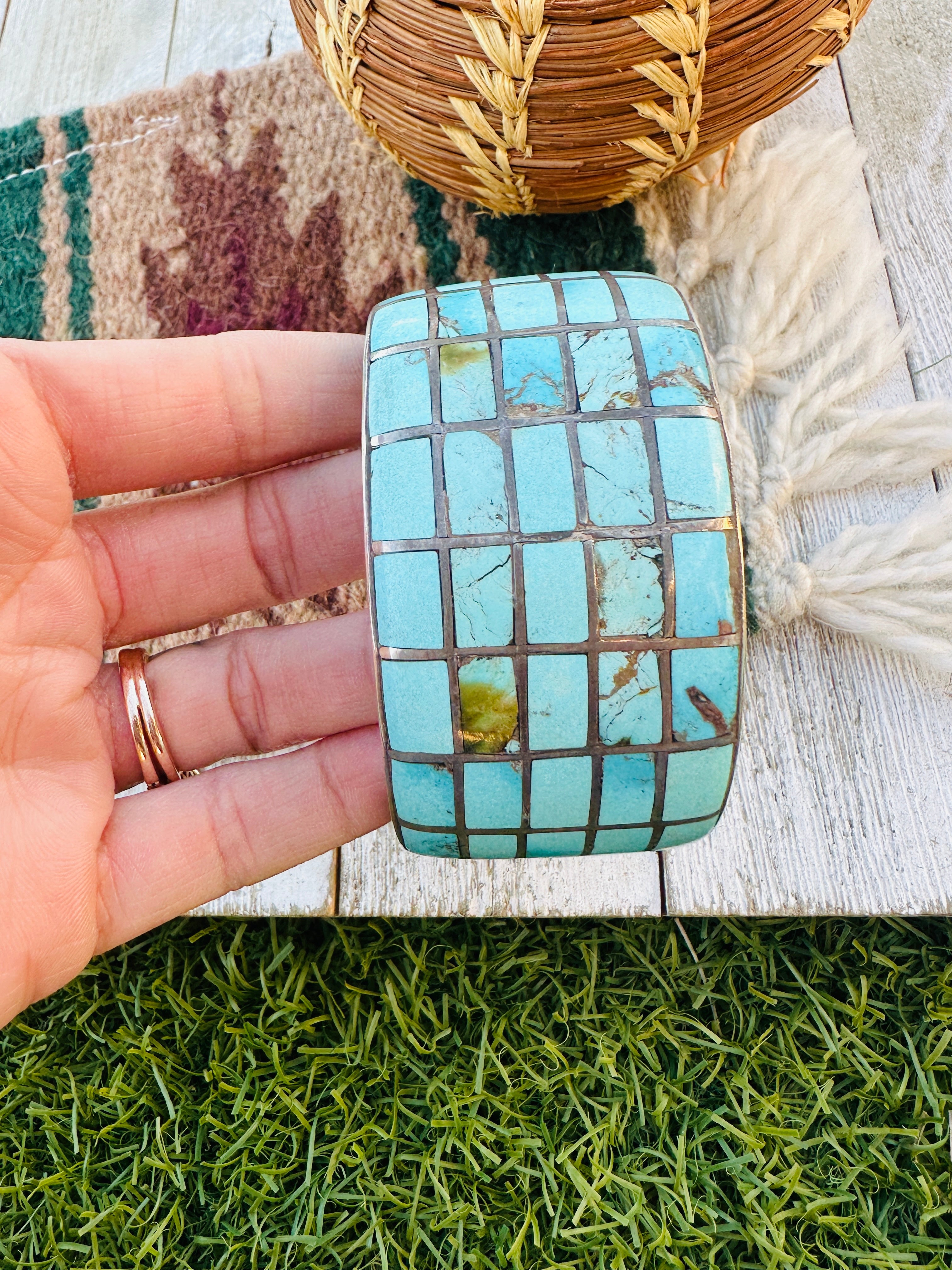 Handcrafted Old Pawn Sterling Silver & Turquoise Inlay Cuff Bracelet