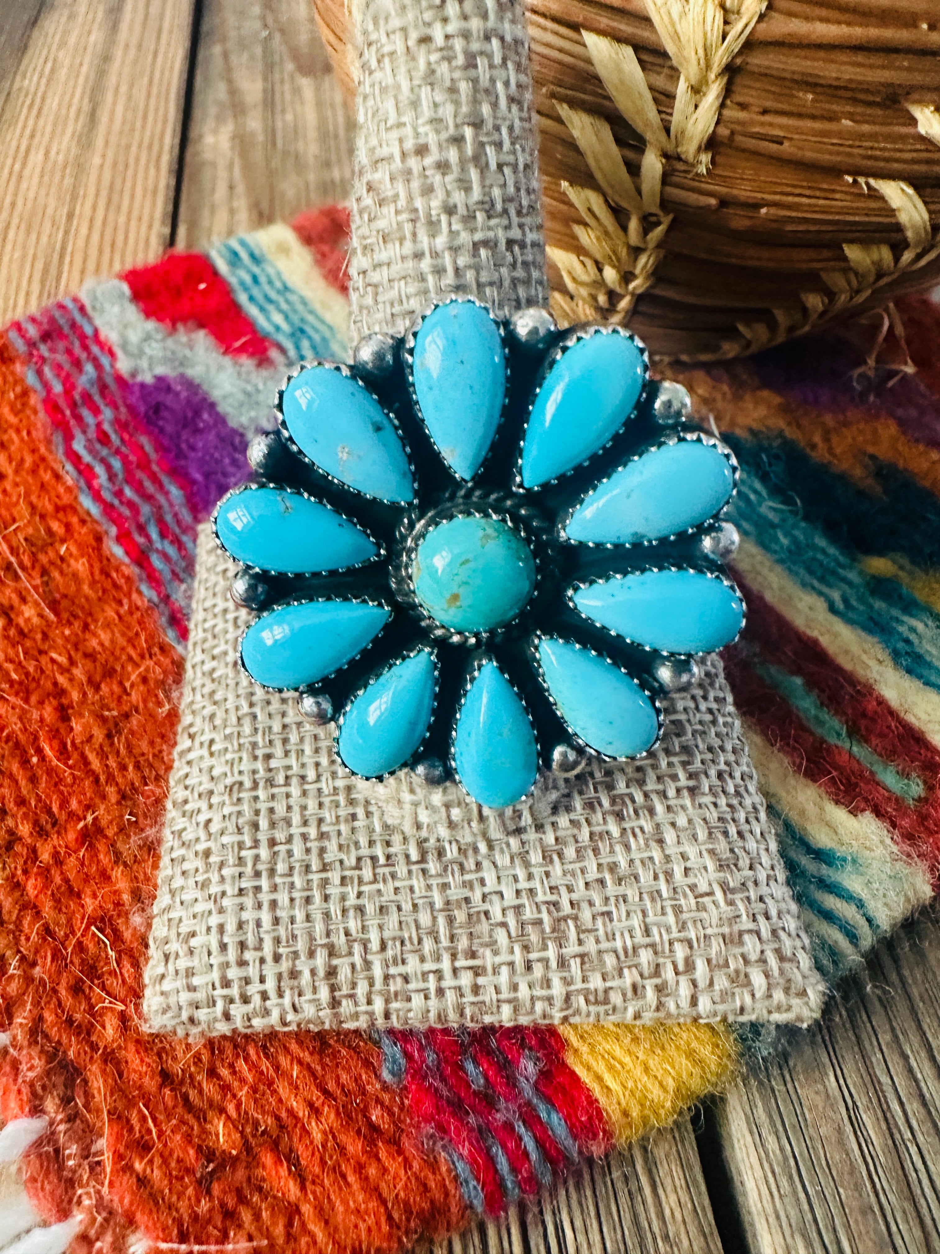 Handcrafted Turquoise & Sterling Silver Adjustable Cluster Ring