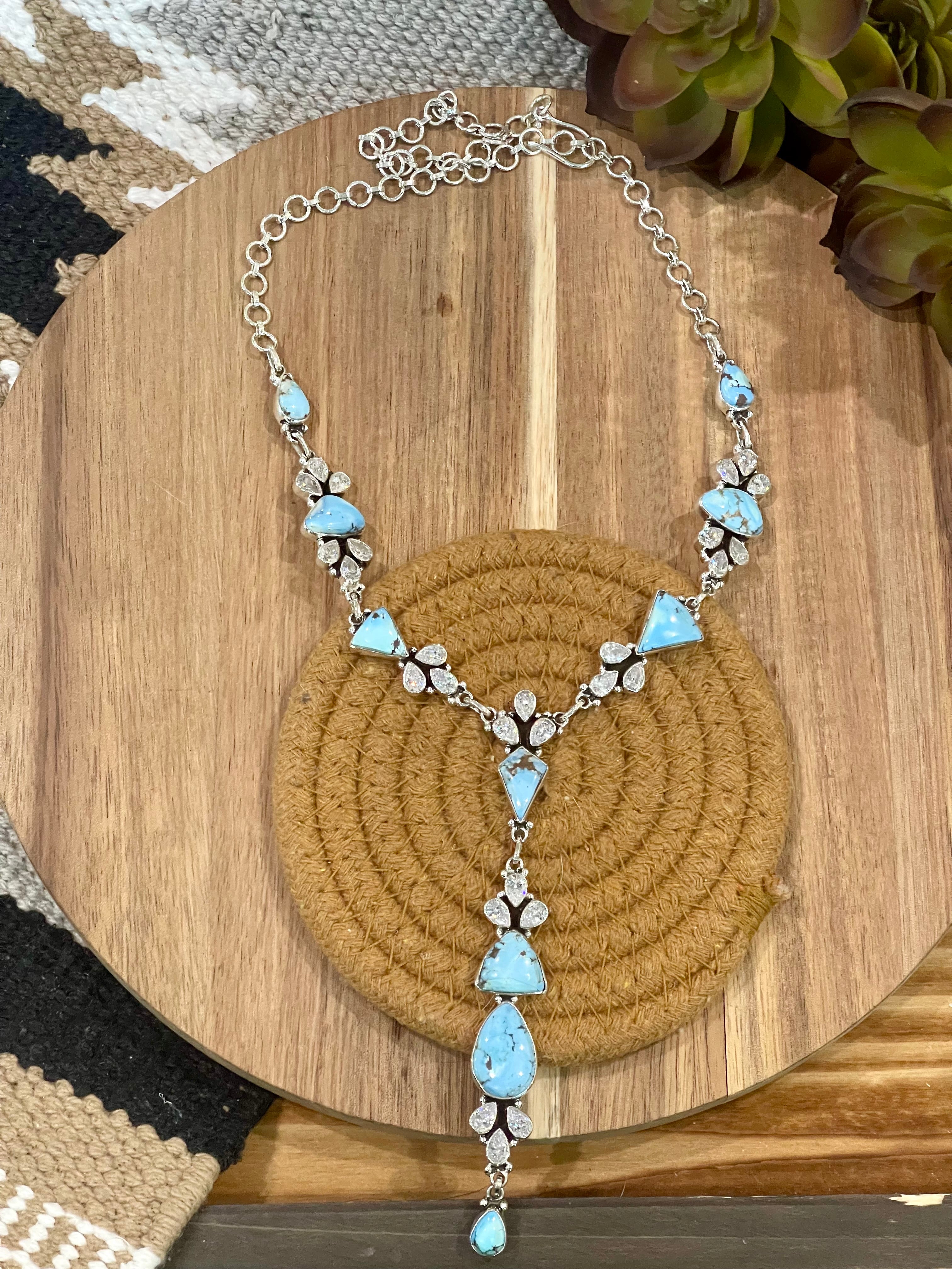 Handmade Sterling Silver, Golden Hills & CZ Lariat Necklace