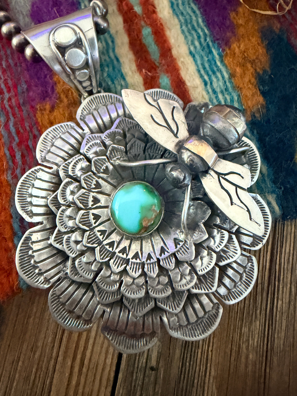 Handcrafted Sterling Silver & Turquoise Sunflower Necklace with Bee by Russell Sam