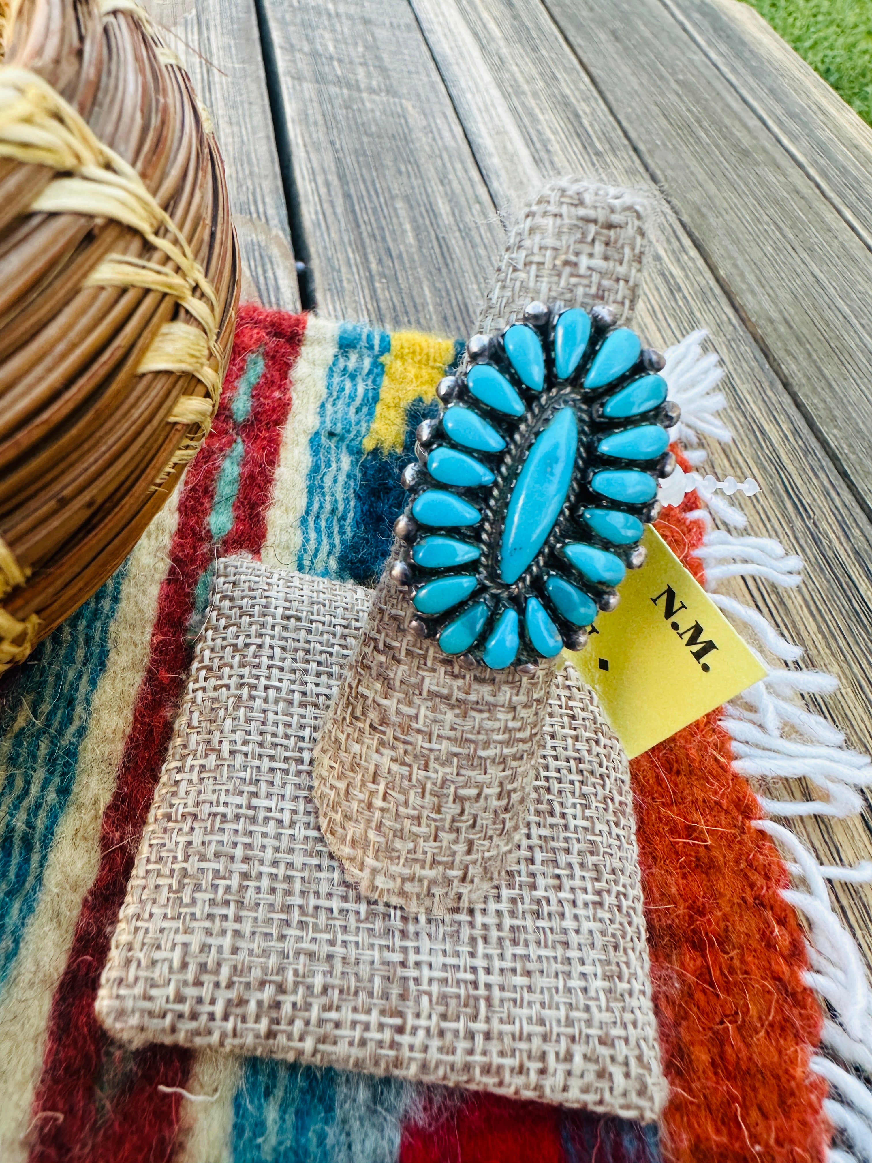 Old Pawn Handcrafted Turquoise & Sterling Silver Cluster Ring Size 7