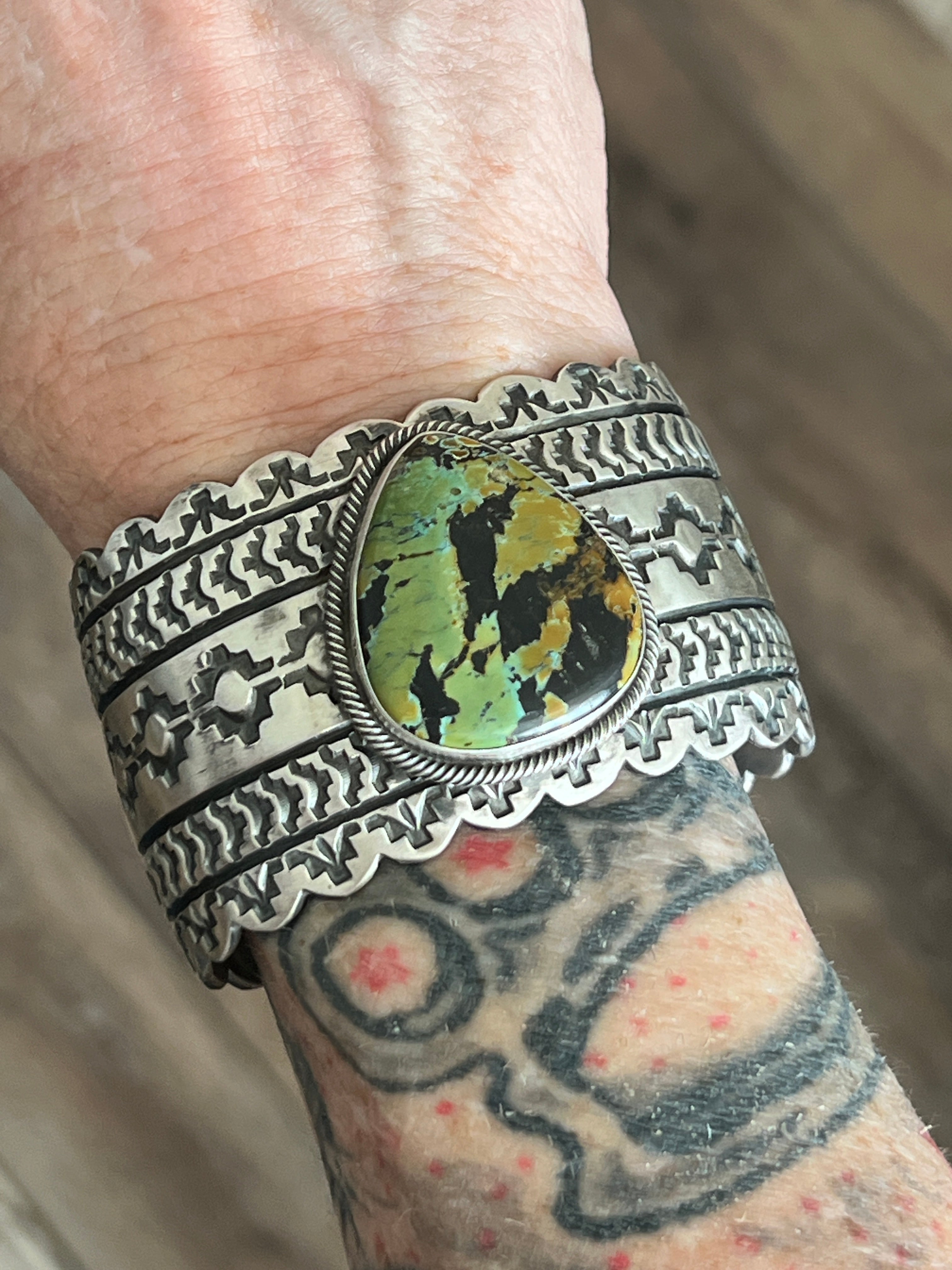 Navajo Hand Stamped Sterling Silver and Blackjack Turquoise Cuff Bracelet by Randy Boyd