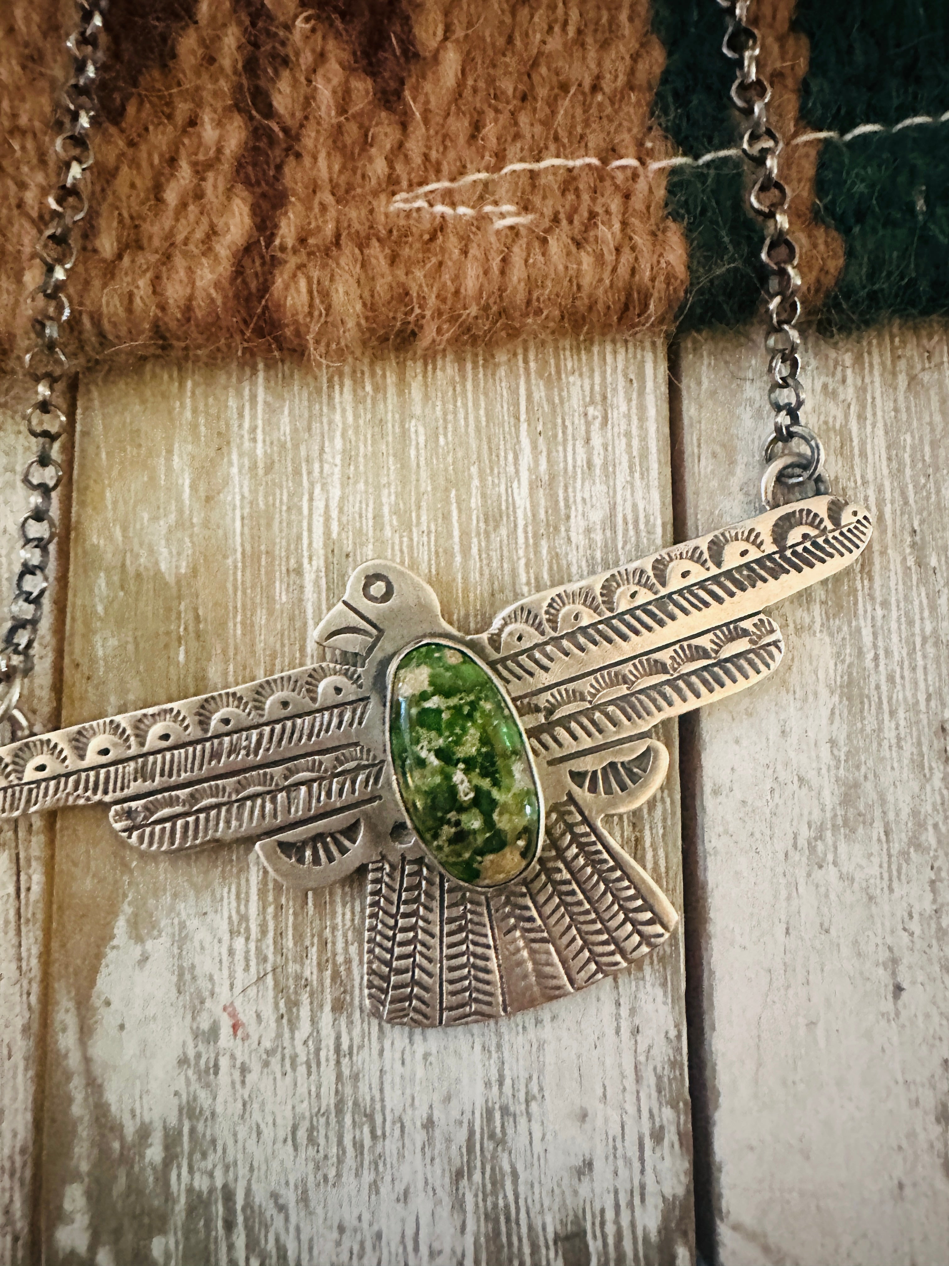 Handcrafted Turquoise & Sterling Silver Thunderbird Necklace by Russell Sam