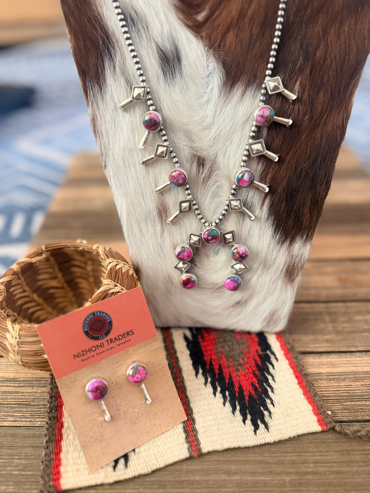 Handcrafted Pink Dream Mojave & Sterling Silver Squash Blossom Necklace and Earring Set