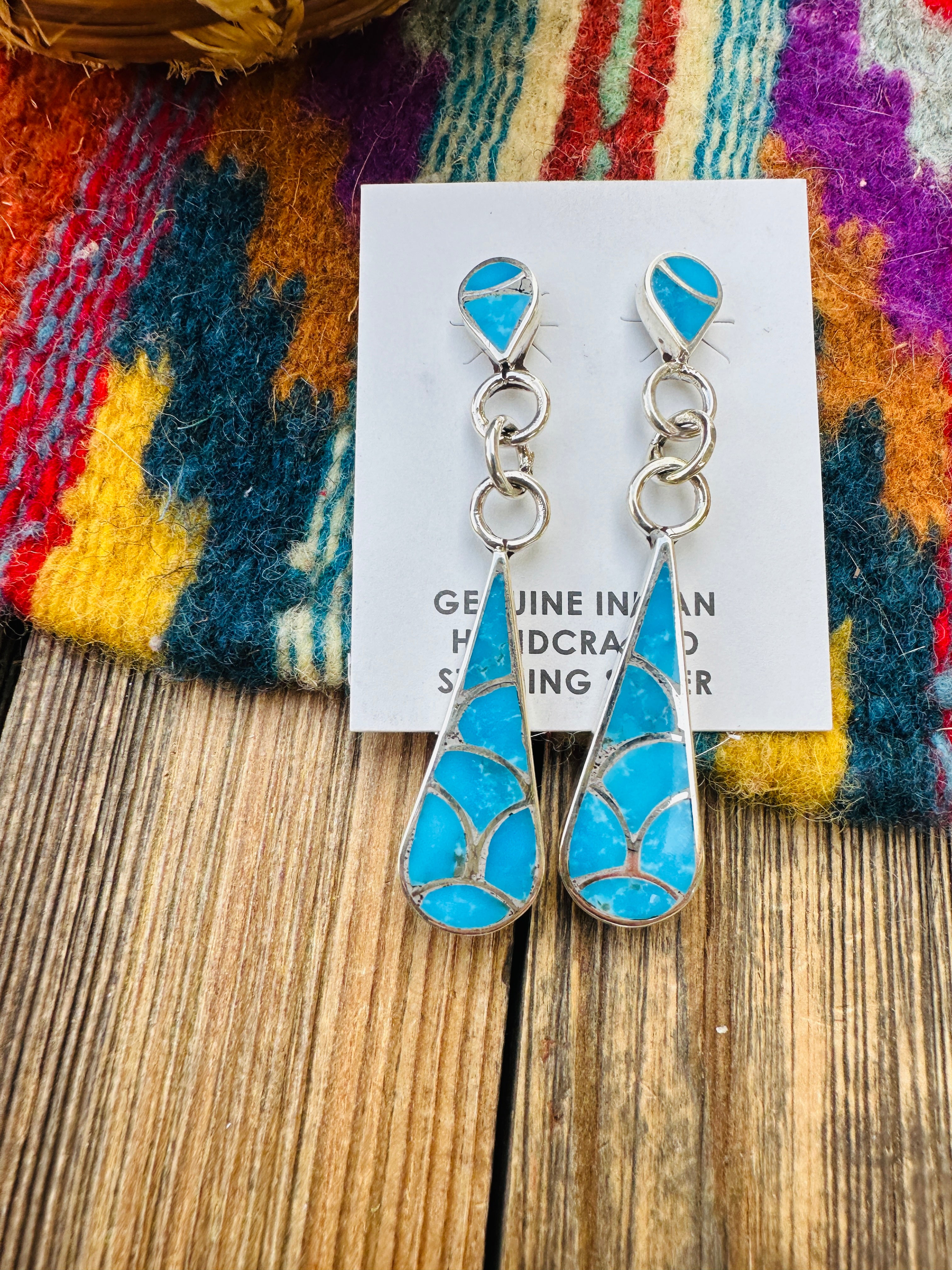Handcrafted Turquoise & Sterling Silver Inlay Teardrop Dangle Earrings
