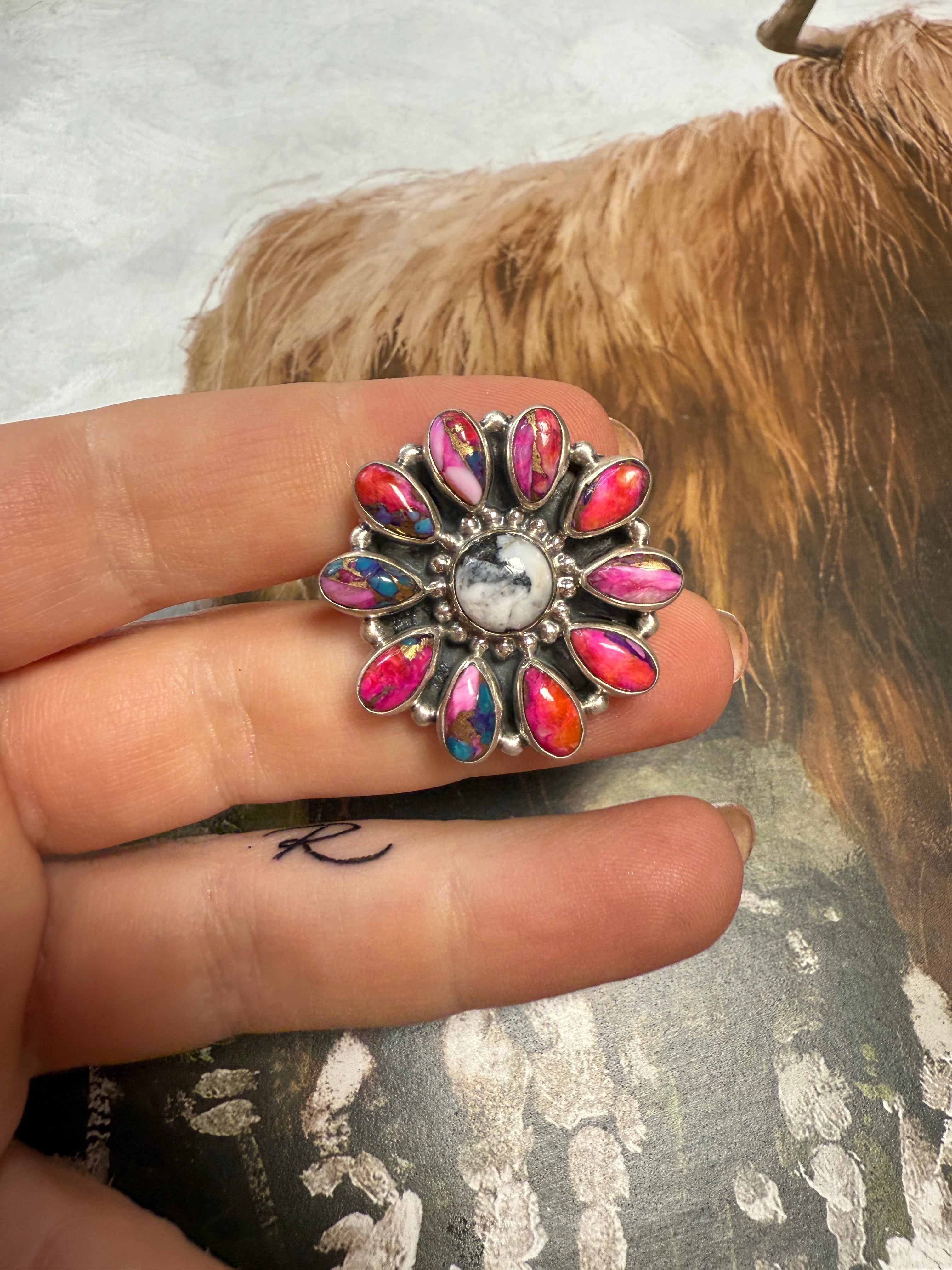 Handmade Pink Dream Mojave, White Buffalo And Sterling Silver Adjustable Flower Ring