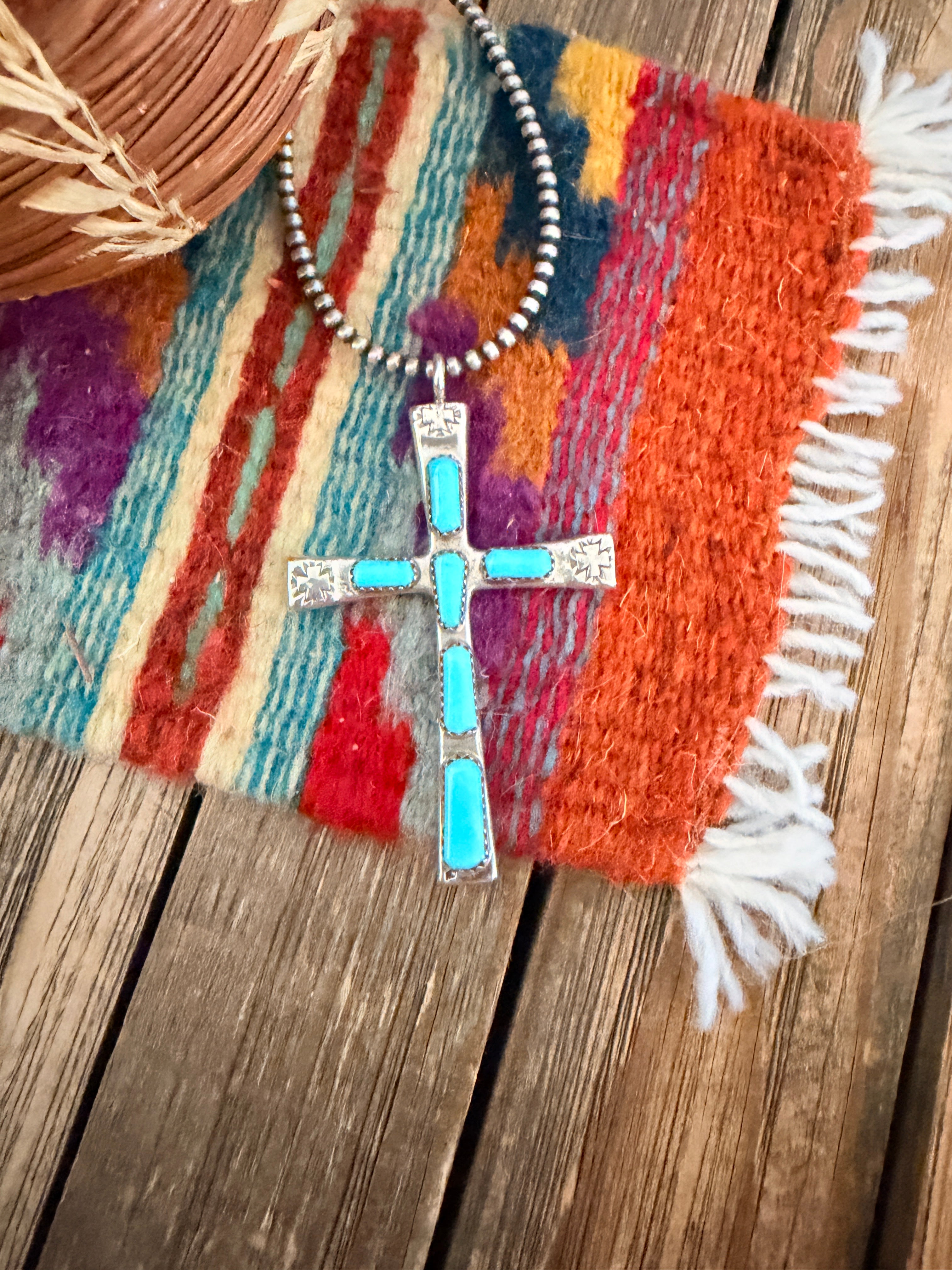 Old Pawn Handcrafted Turquoise and Sterling Silver Cross Pendant