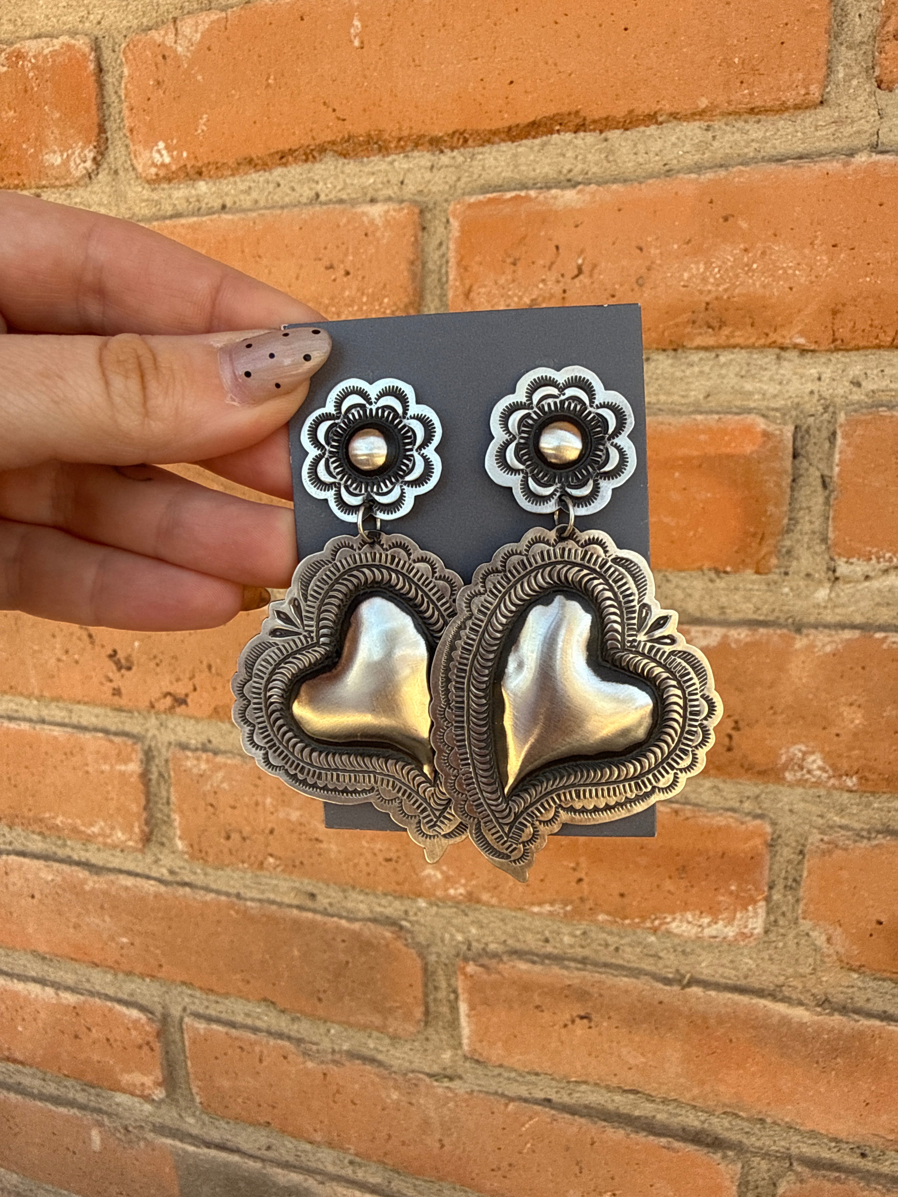 Handcrafted Sterling Silver Concho Heart Dangle Earrings by Leander Tahe