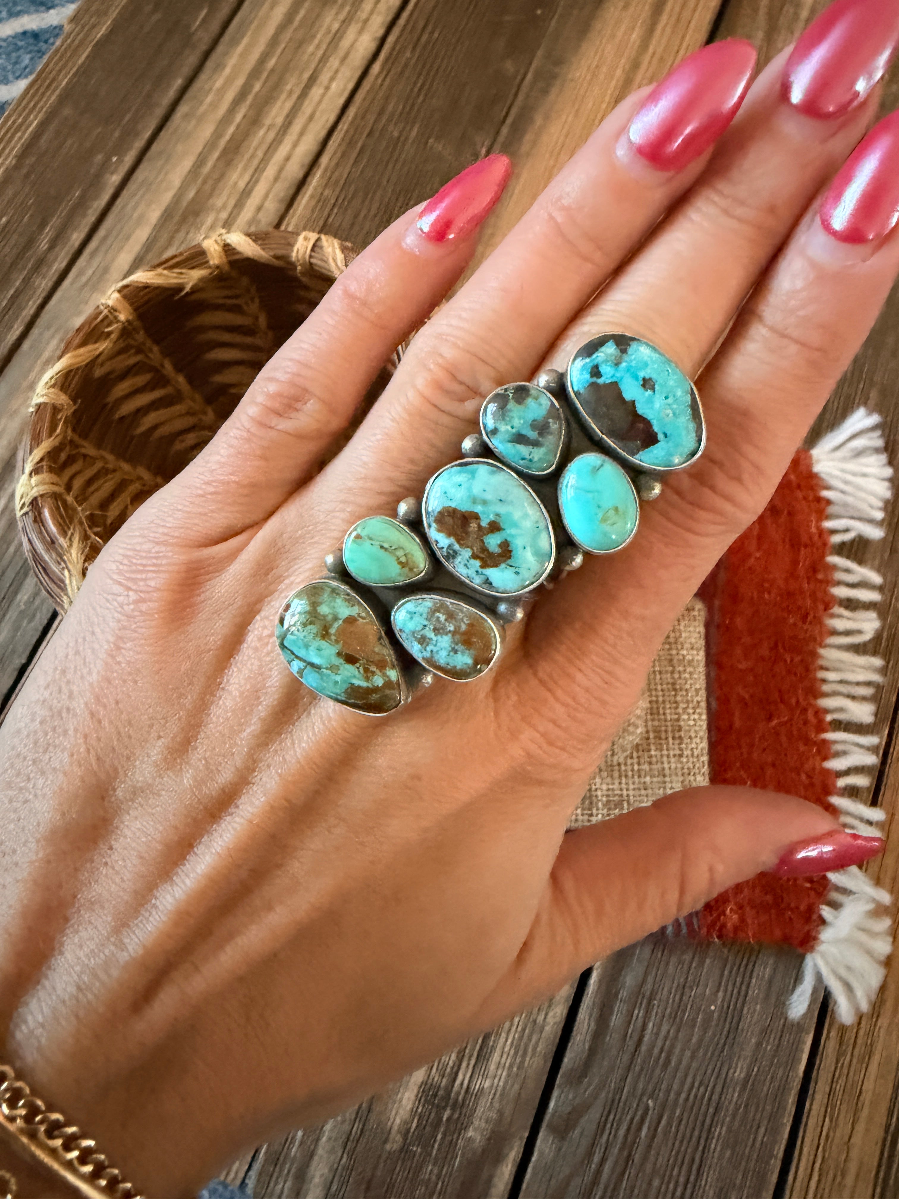 Handcrafted Turquoise & Sterling Silver Cluster Ring Size 8