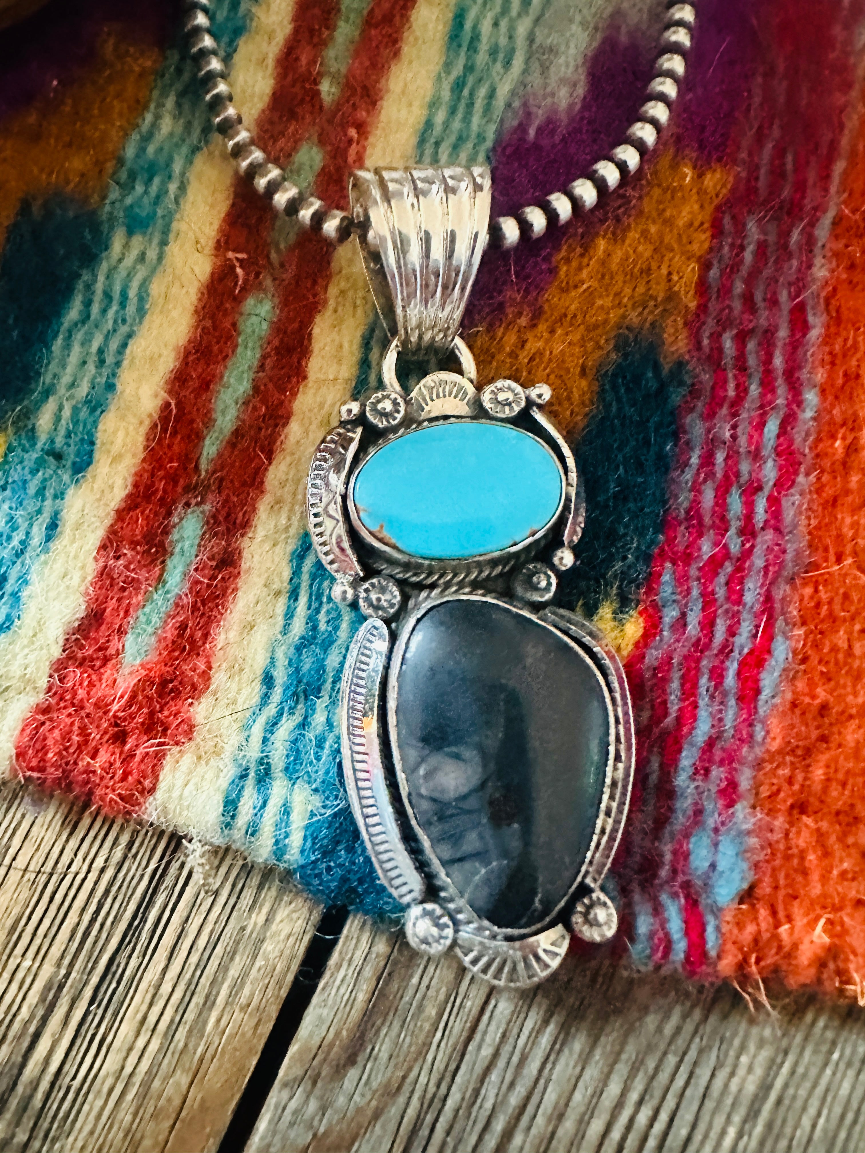 Handcrafted Sterling Silver, Onyx & Turquoise Pendant