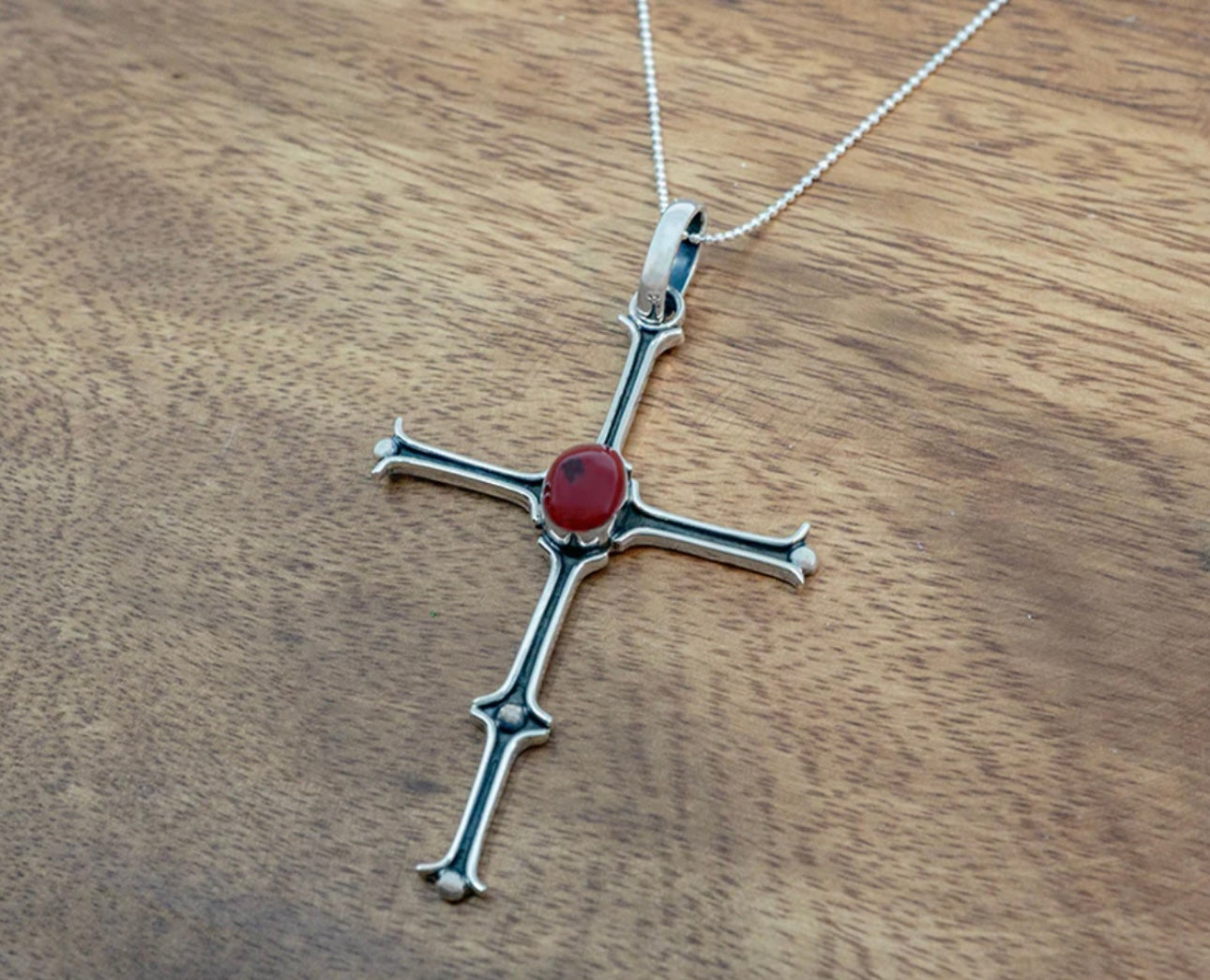 Matchstick Cross w/ Red Jasper Center Necklace