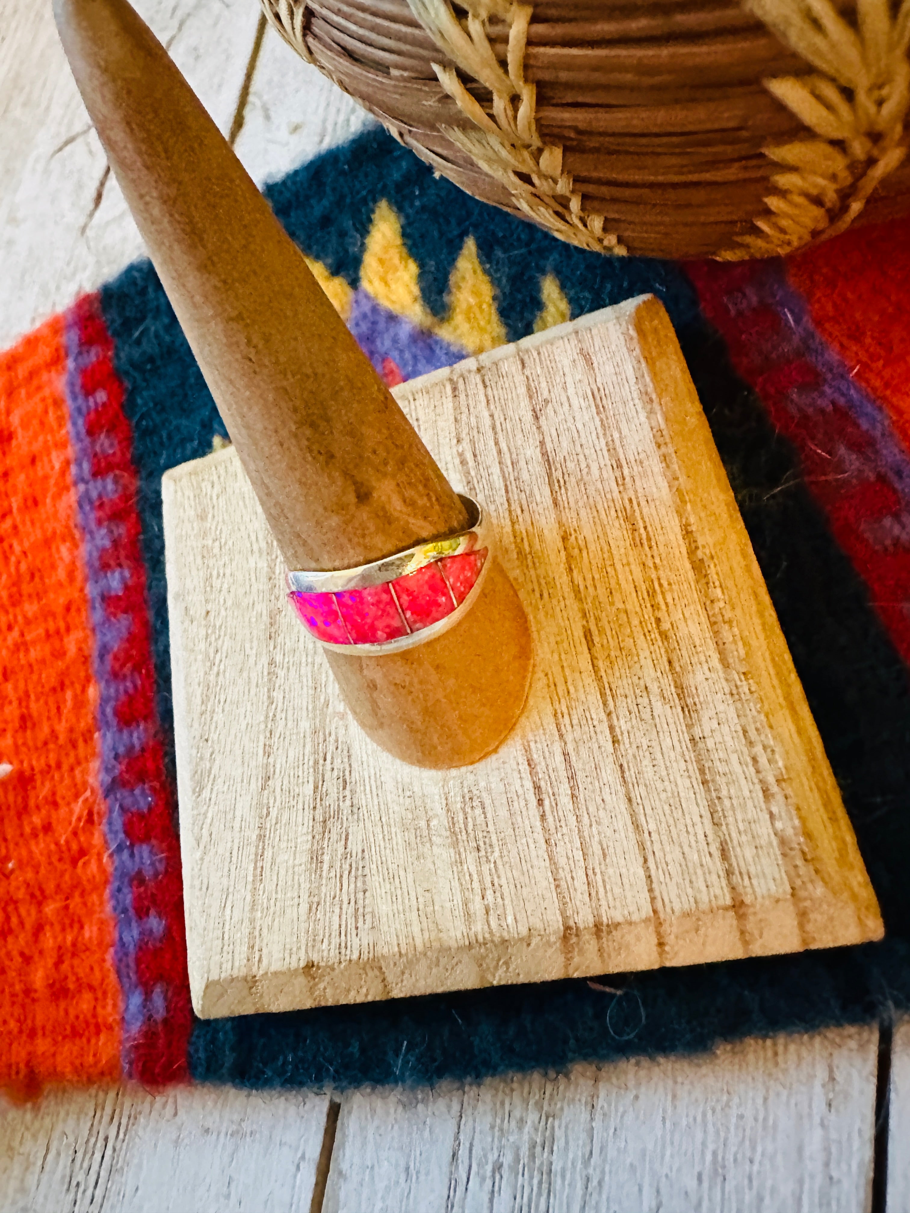 Handcrafted Pink Opal & Sterling Silver Inlay Band Ring Signed