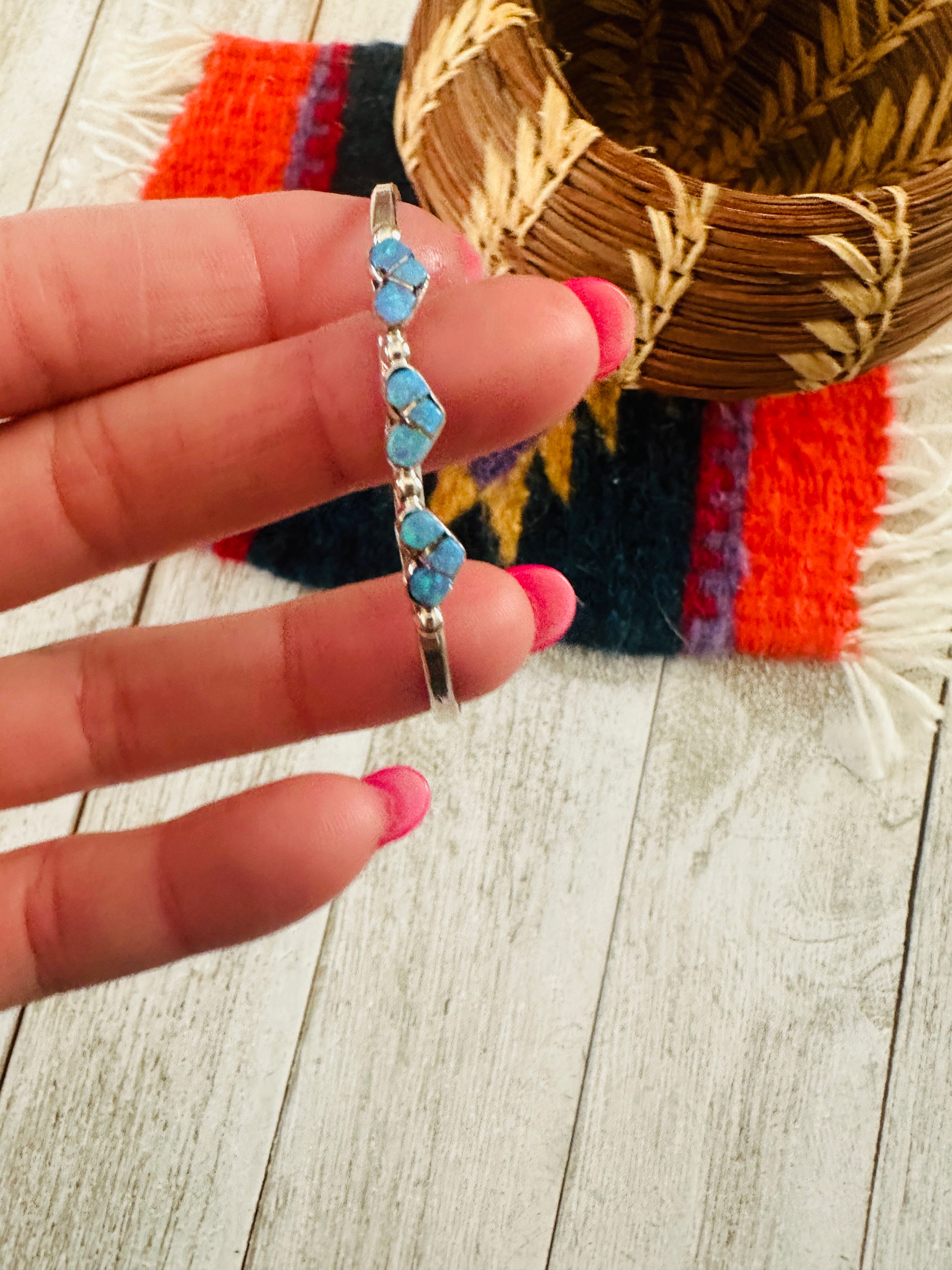 Sterling Silver & Blue Opal Heart Baby Cuff Bracelet /