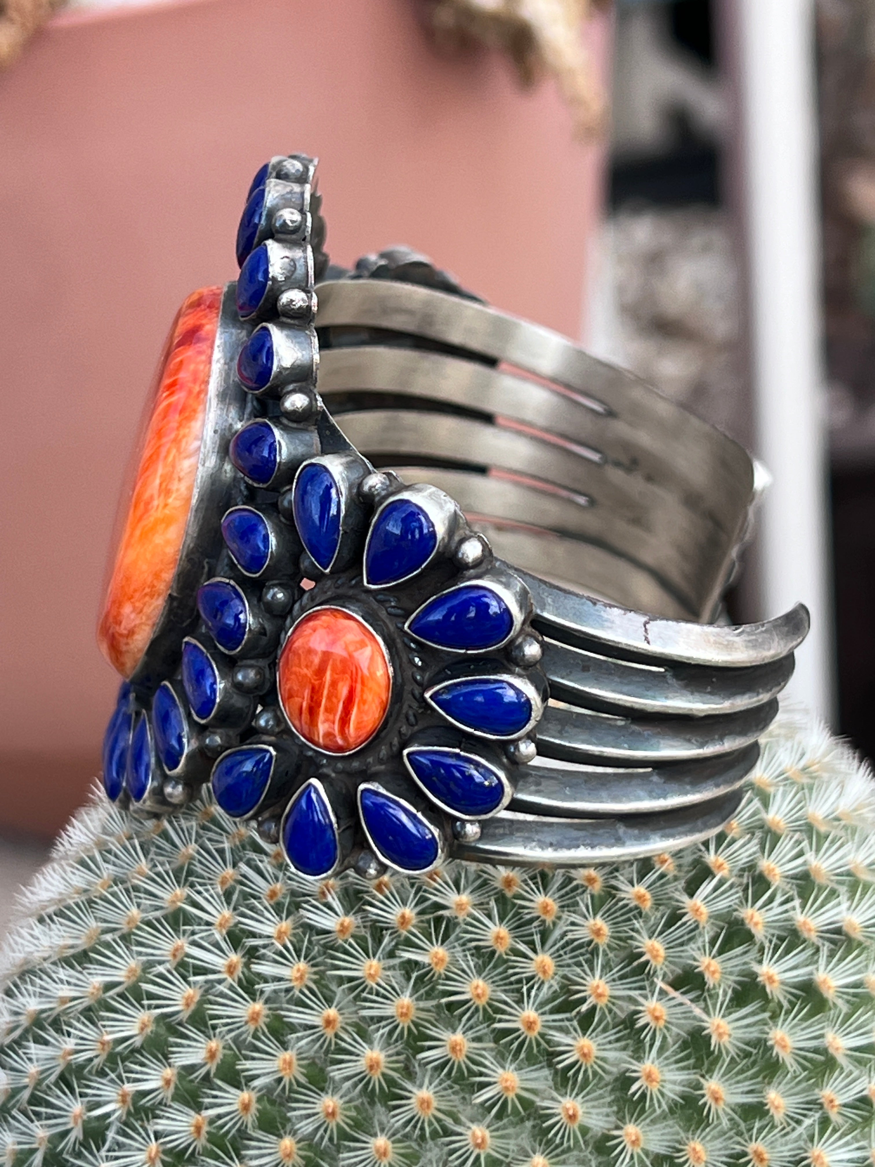 Glowing Anthony Skeets Lapis Lazuli and Orange Spiny Oyster Cluster Cuff Bracelet