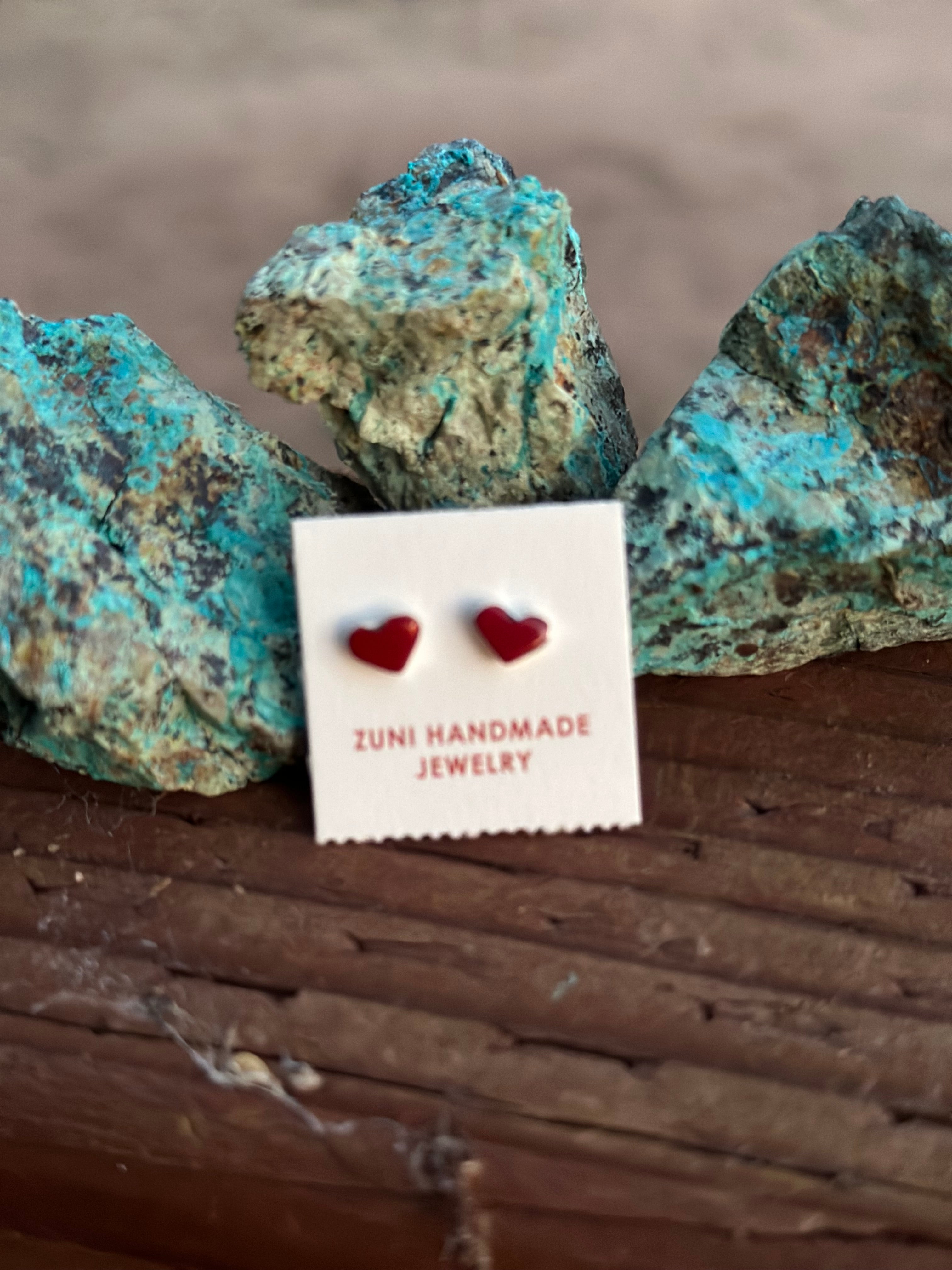 Handcrafted Red Coral & Sterling Silver Heart Stud Earrings