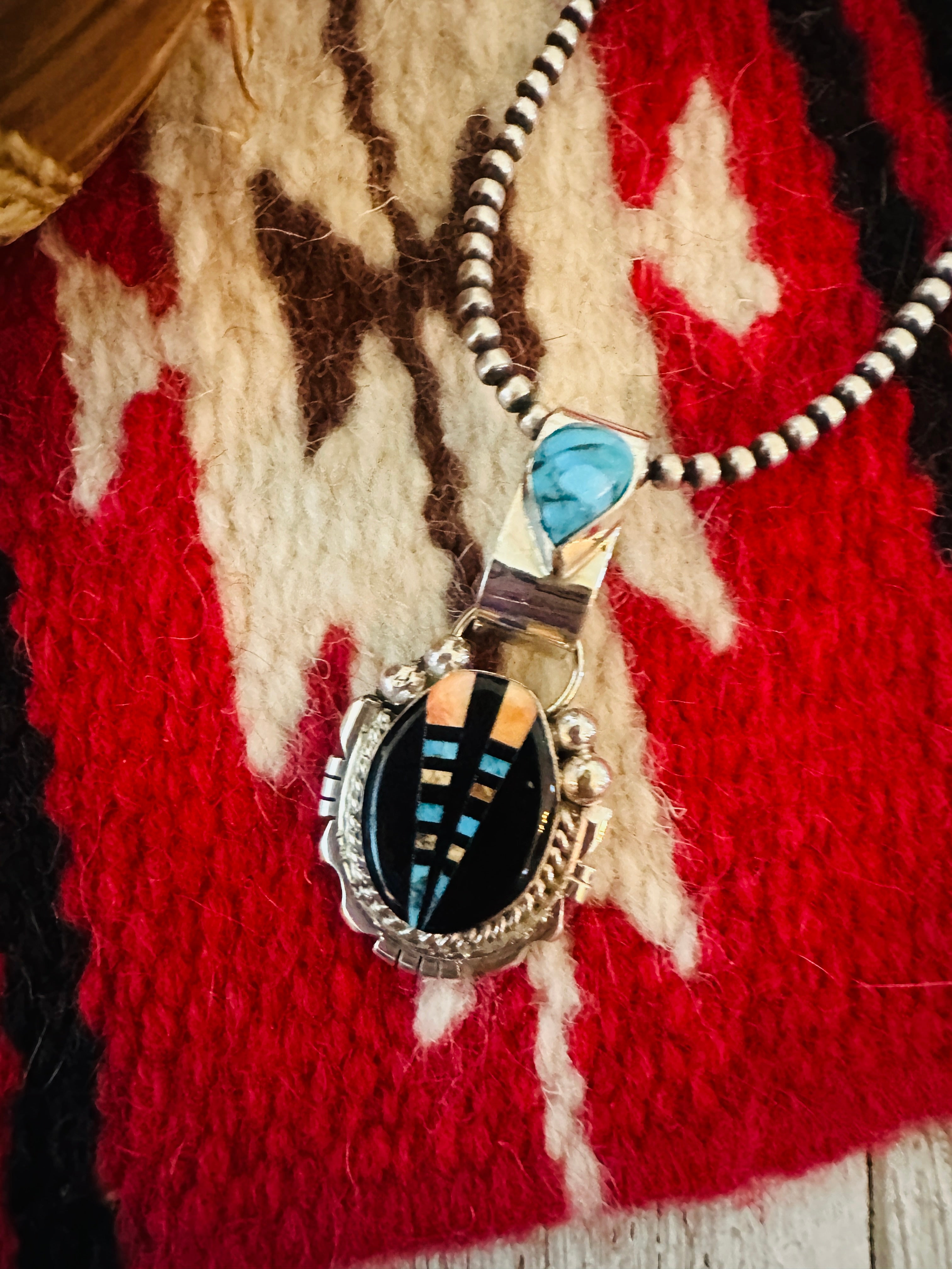 Handcrafted Sterling Silver and Multi Stone Inlay Pendant by Ray Jack